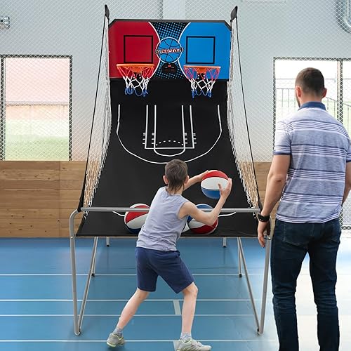 Miniatura 10 de Giantex Juego de arcade de baloncesto plegable, juego de arcade de baloncesto electrónico de doble disparo con 8 modos de juego, 4 bolas, 2 aros,