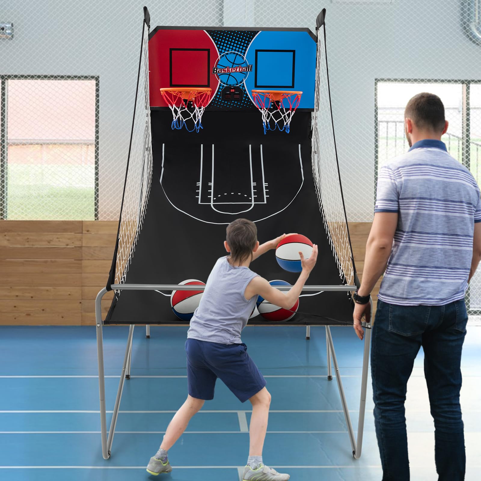 GOPLUS Canasta de Baloncesto Plegable, Máquina de Tiro Portátil, Baloncesto Arcade con 8 Modos de Juego, 4 Pelotas, 2 Cestas, Bomba, Marcador Electrónico, para Niños y Adultos (Rojo+Azul)
