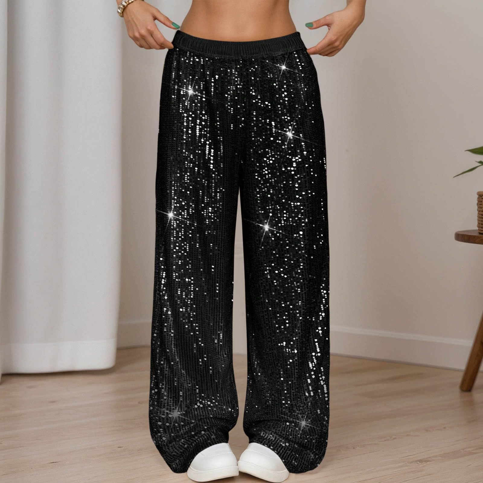 Generisch Pailettenhose Damen Elegant Einfarbig Lange Glitzer Hose Silvester Outfit Pailletten Karneval Kostüm Pailletten Hose Weites Bein Freizeithose Elastischem Bund Schlaghose