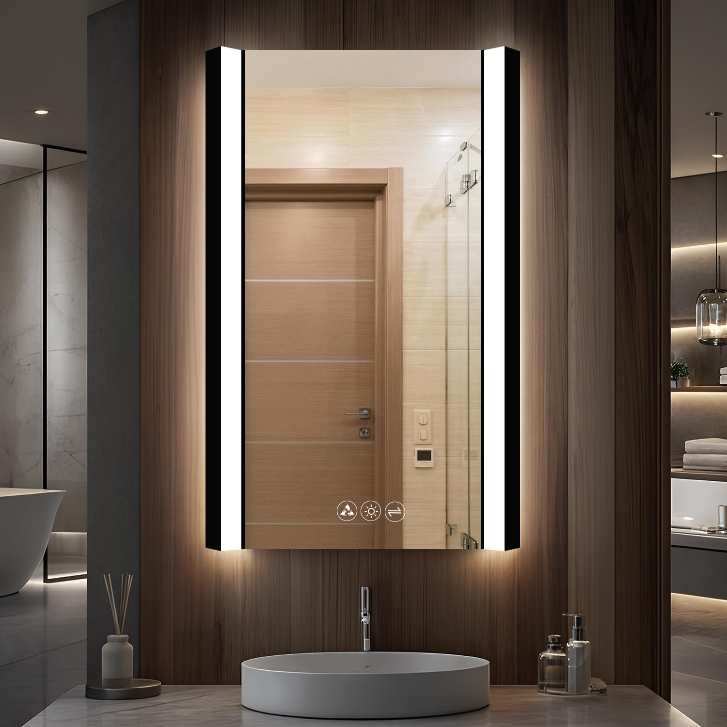 Blossom LED Bathroom Mirror, 20x32 Inch Gradient Front and Backlit LED Mirror for Bathroom, Matte Black Frame, Foldable Wing Design, 3 Colors Dimmable CRI>90 Double Lights, IP54 Enhanced, Anti-Fog