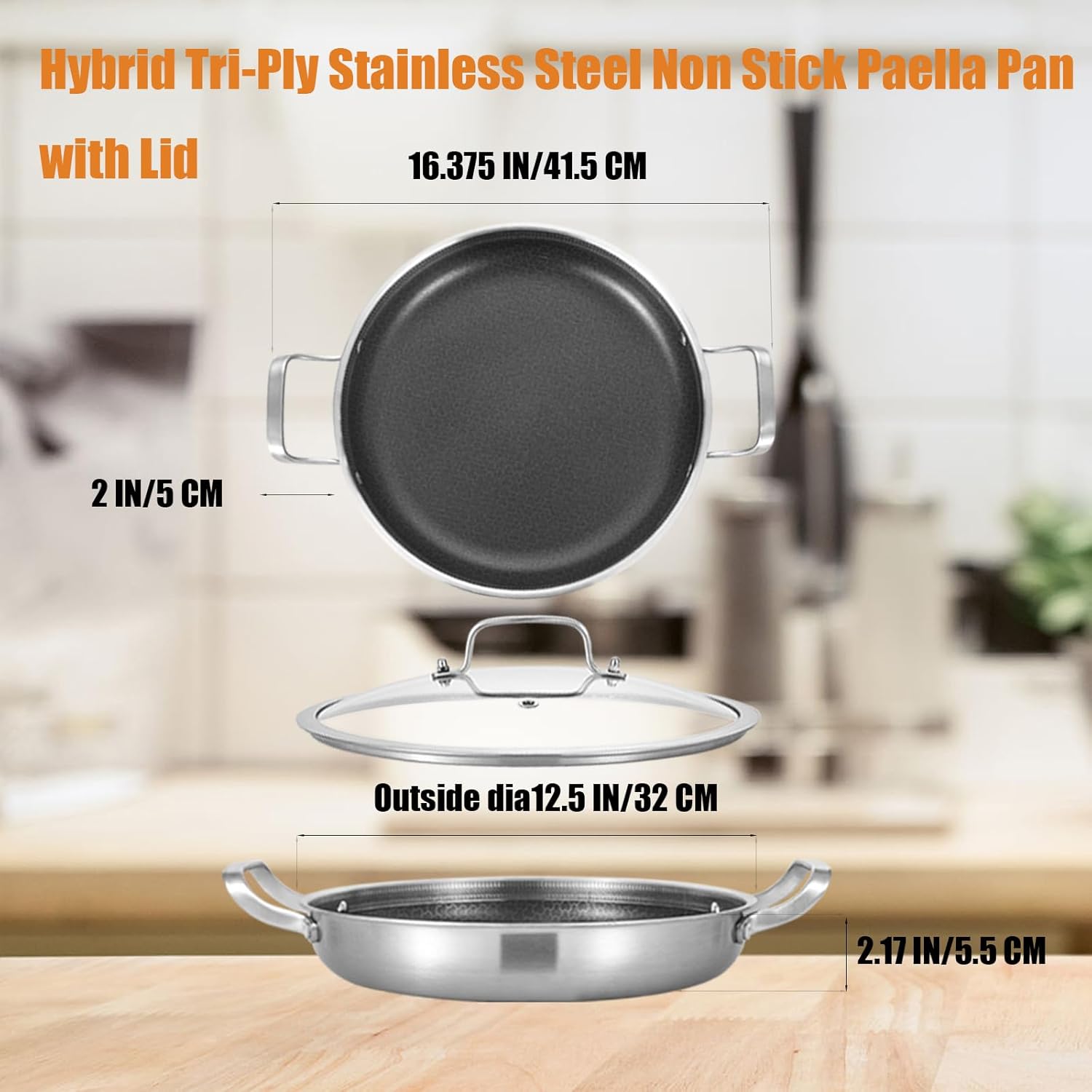 Inqibee 12-Inch Hybrid Tri-Ply Stainless Steel Non Stick Paella Pan with Lid,Stir Fry Pan,Omelet Pan,Large Skillet,Induction Cooking Pan,Dishwasher and Oven Safe.