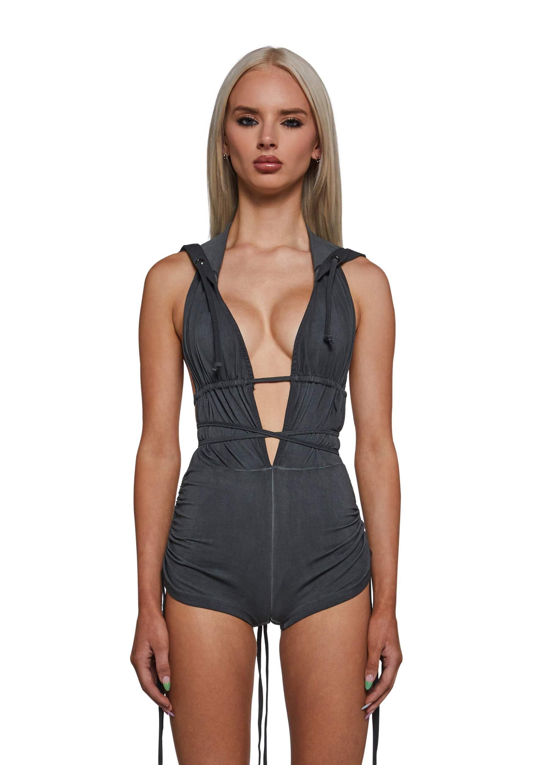 Dolls Kill Downbeat Hooded Romper by DARKER WAVS – Washed Stretch Knit Romper with Backless Design, Ruching, and Hoodie