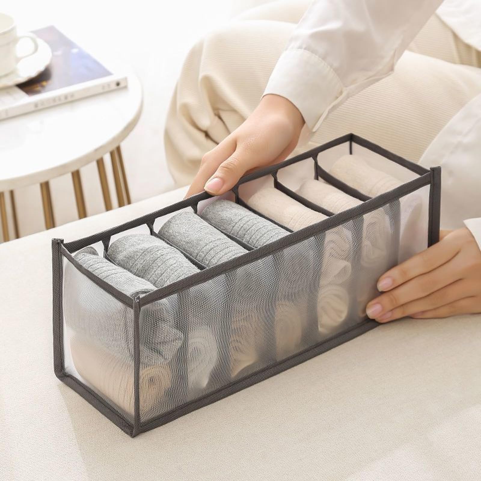 1-Pack 7-Compartment Underwear Organizer - Foldable Mesh Drawer Divider for Socks & Lingerie, Portable Storage for Home, Closet, and Travel（Gray）