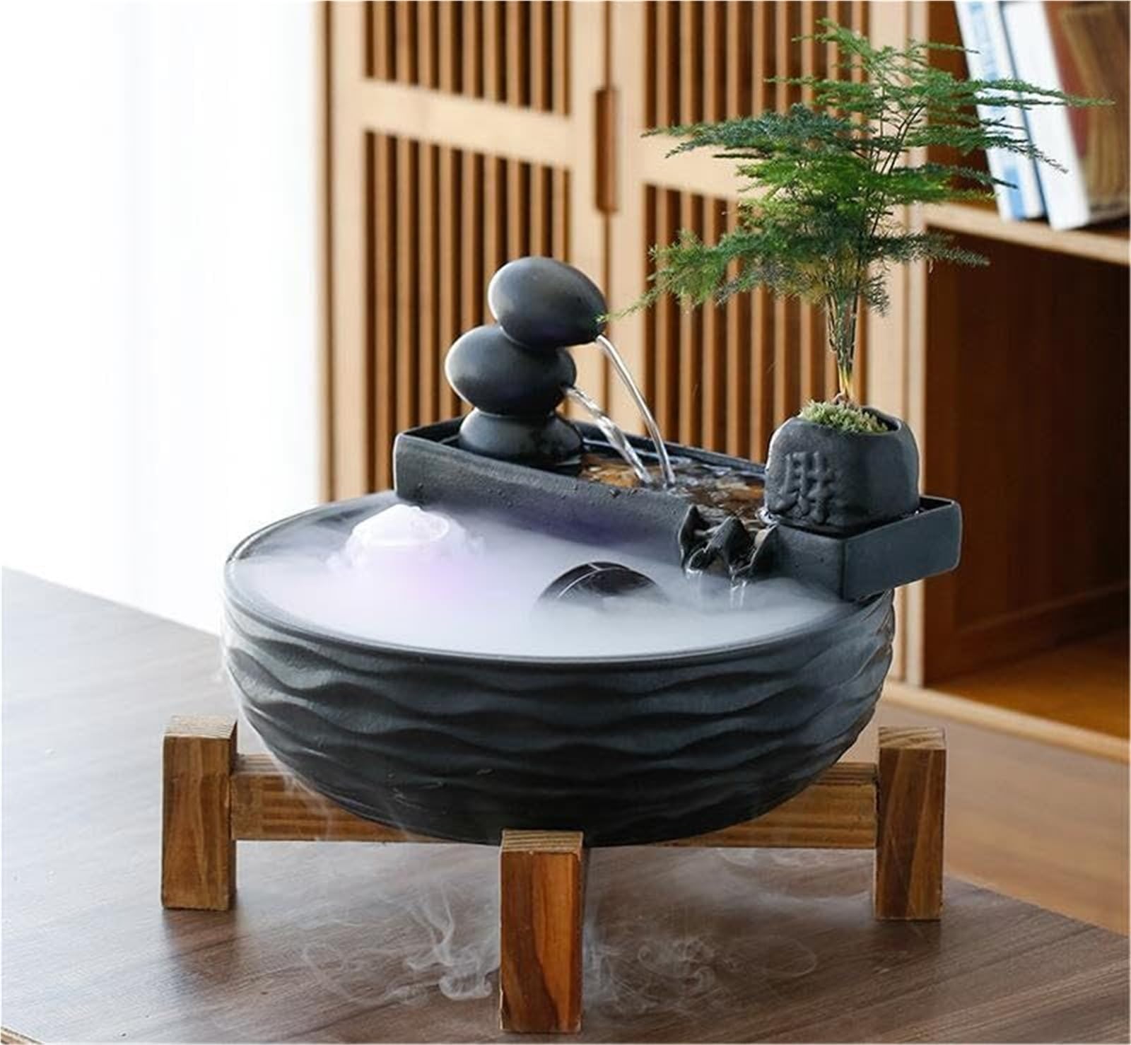 Fuente decorativa de jardín, fuente de agua con cascada, de cerámica, diseño de bambú, con iluminación LED, función humidificadora, bomba de agua, Feng Shui Zen, decoración para salón, oficina, jardín
