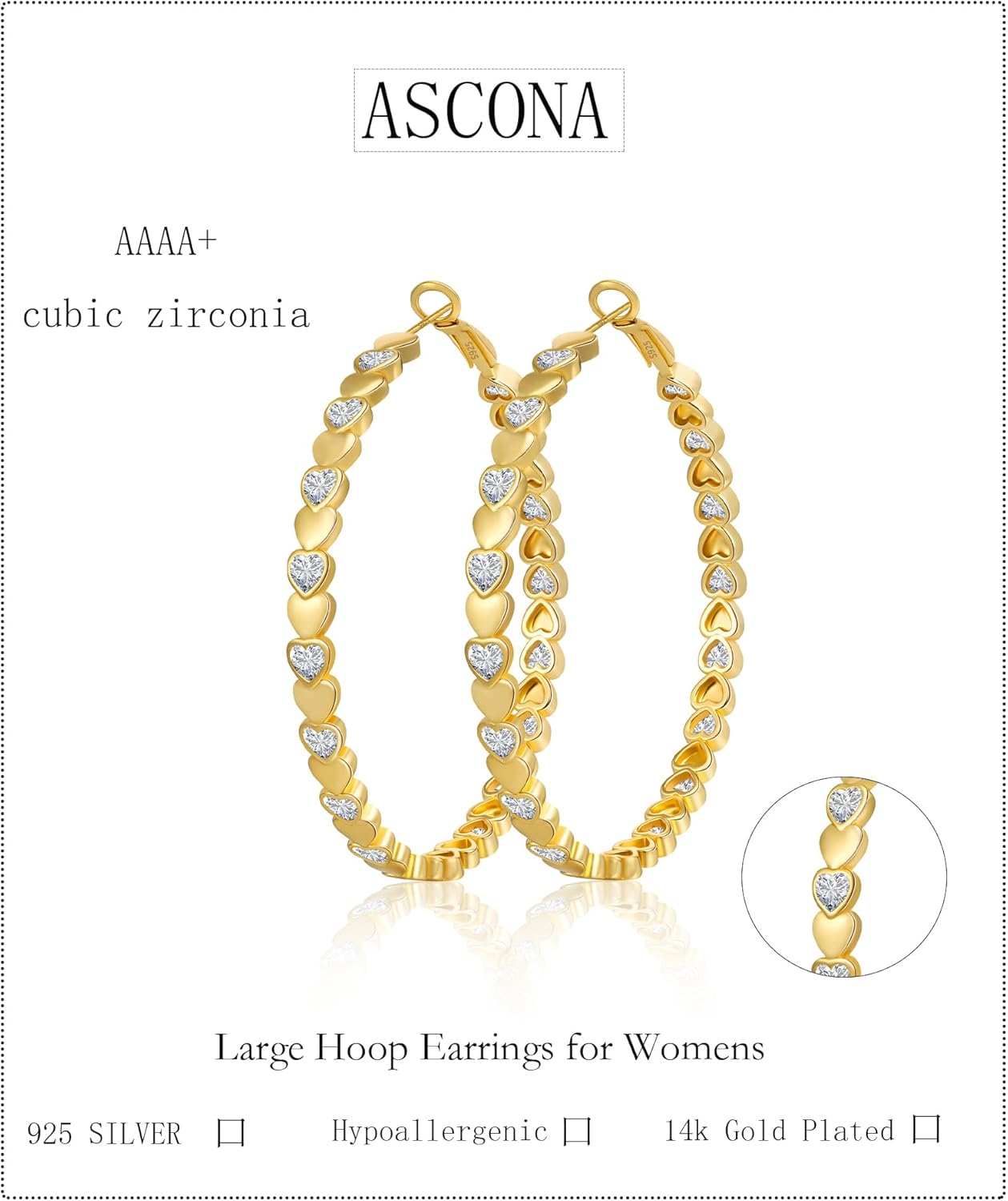 Ascona Valentines Gifts for Her Heart Cubic Zirconia Large Hoop Earrings for Womens 925 Silver 14k Gold Plated Hypoallergenic Rhinestone Hoops Earring Sparkly Jewelry Gift 30/40/50/60mm - Image 5