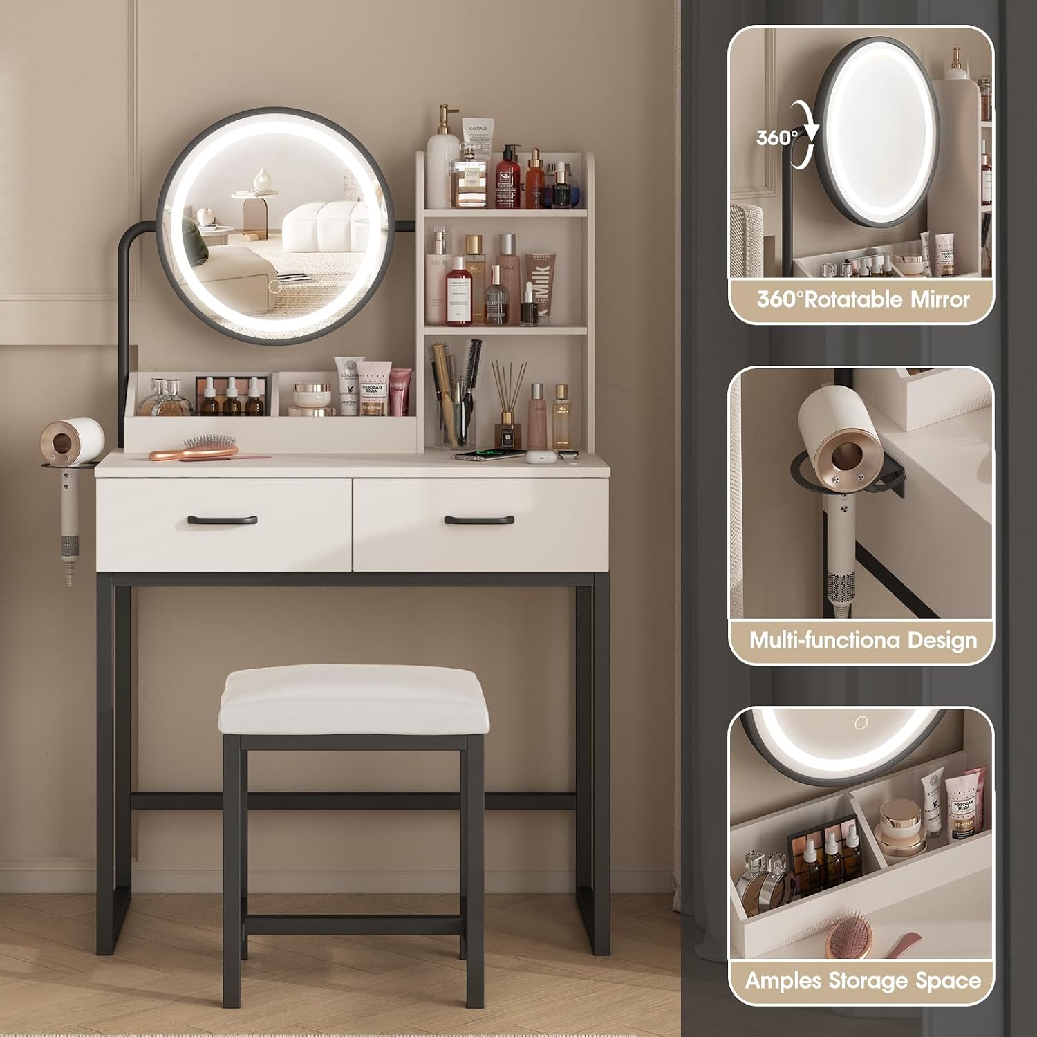 Fameill Vanity Desk highlighting 360 degree rotatable mirror, hair dryer rack, and storage