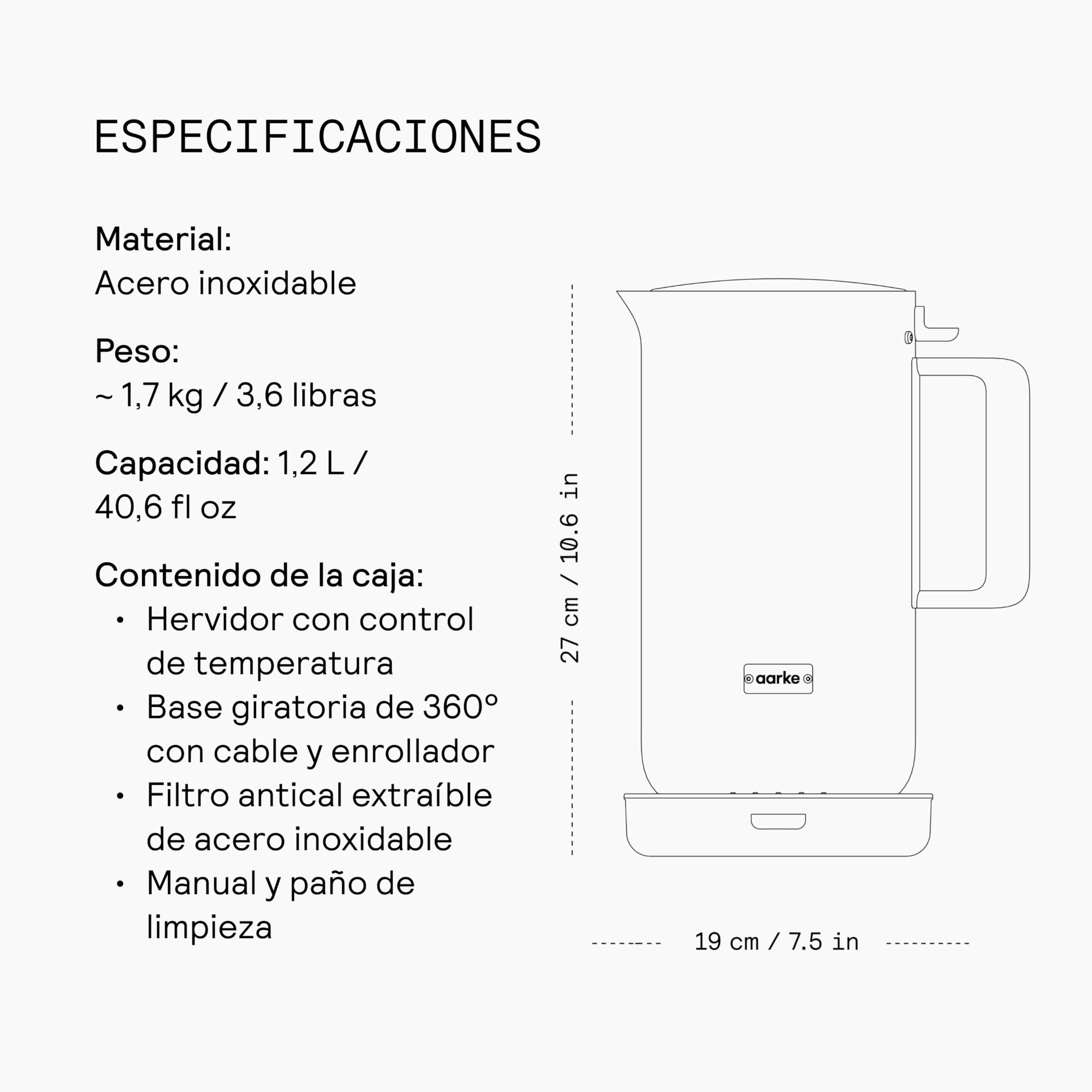 Aarke Hervidor de acero inoxidable con varios ajustes de temperatura, base giratoria de 360°, ebullición silenciosa y boquilla antigoteo, capacidad de 1,2 litros