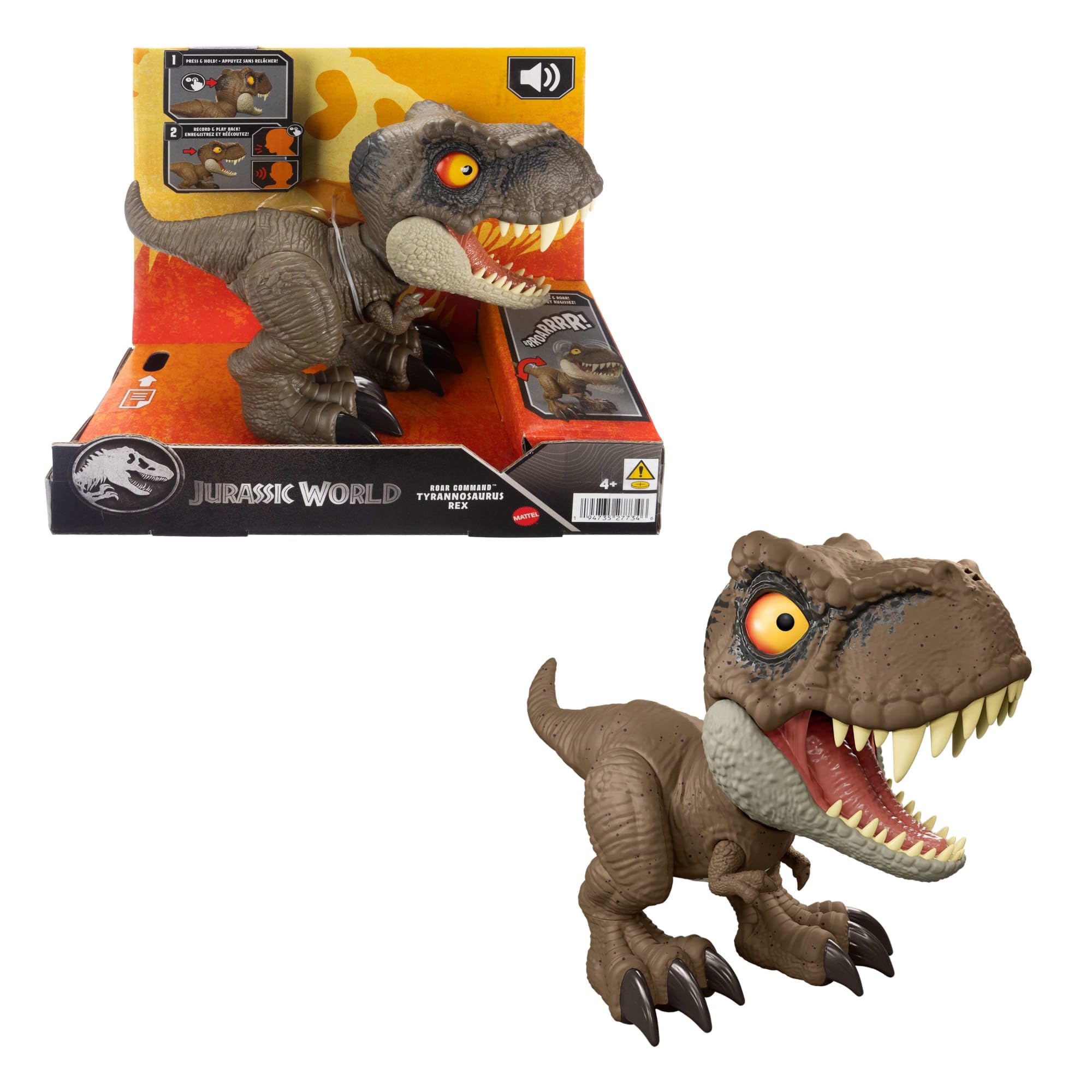 Mattel Jurassic World - T-Rex Roar Command, dinosauro parlante con attacco e ruggito attivabili dalla coda, registra la tua voce nella lingua dei dinosauri, giocattolo per bambini, 4+ anni, JCW01