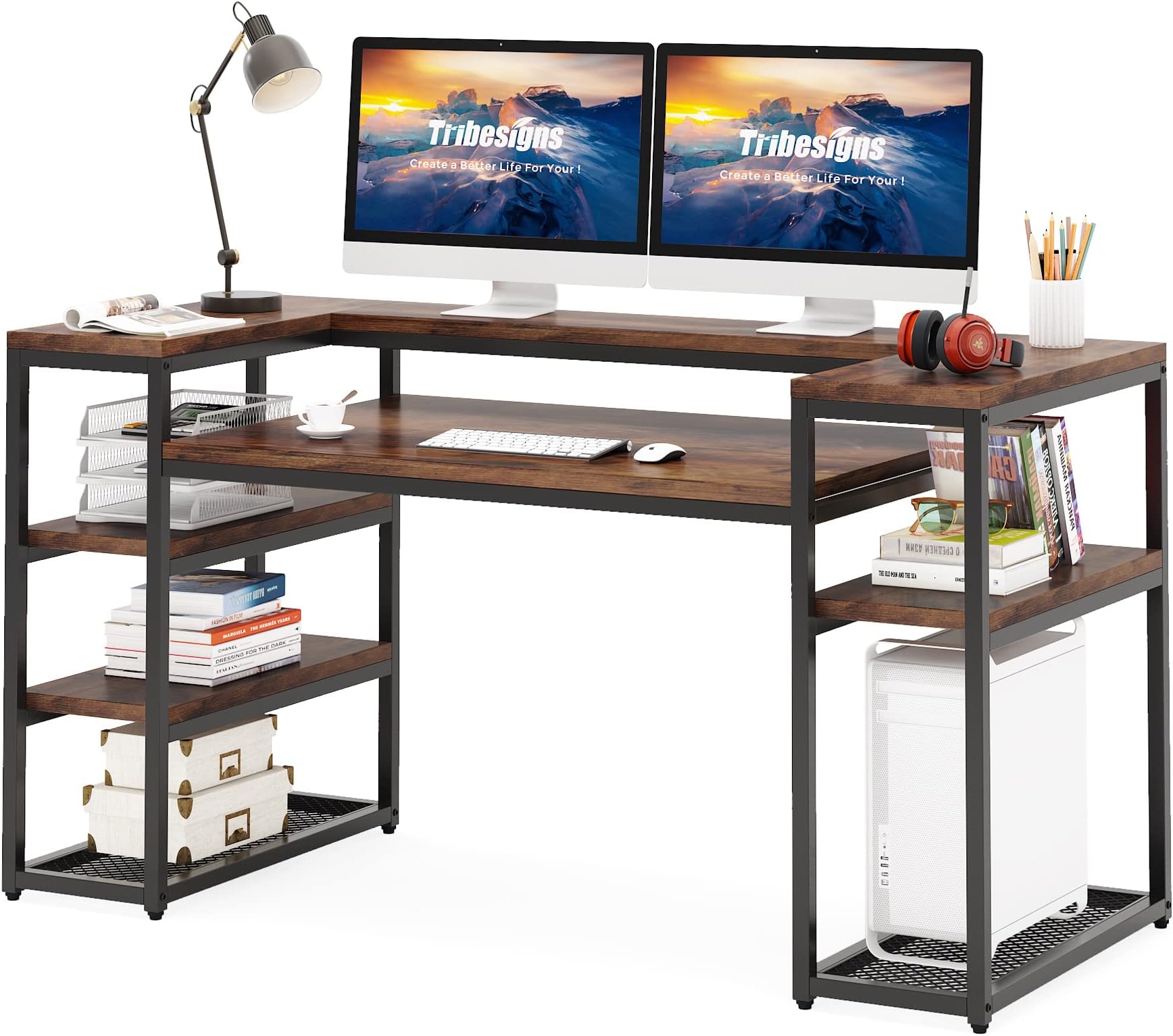 Tribesigns 63 Inches Computer Desk with Open Storage Shelves, Large Office Desk with Monitor Shelf & CPU Stand, Study Writing Table Workstation with Printer Stand for Home Office(Brown)