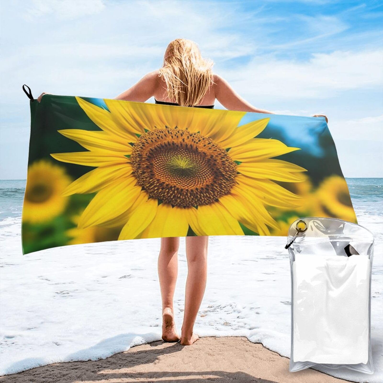 DWVTSLH Microfiber Sand Free Beach Towel 27.5"x55", Quick Dry Absorbent Travel Towel Large Camping Blanket, Beutiful Sunflower Bath Towels Lightweight Pool Swim Towels for Vacation Essentials