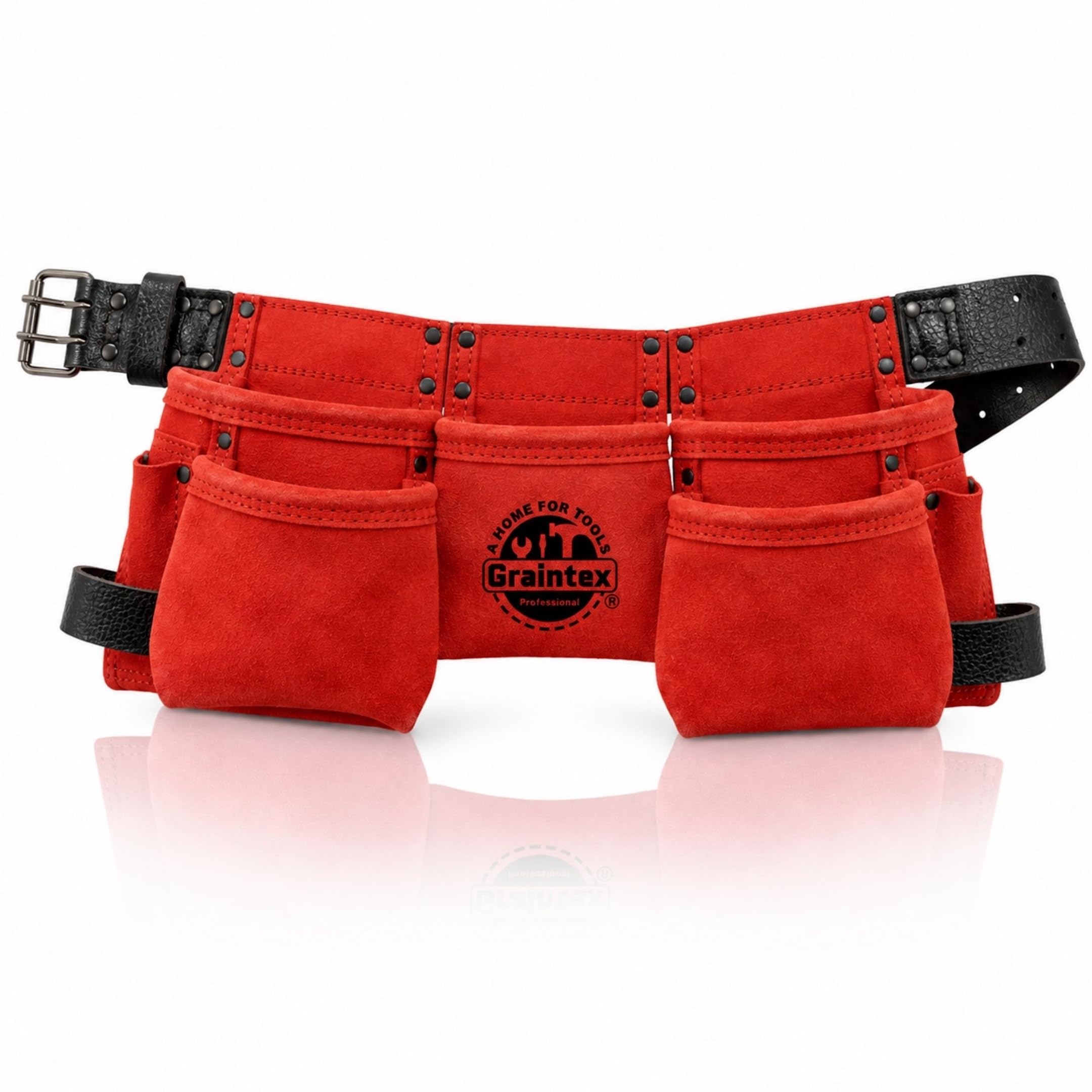 Graintex DS2408 9 bolsillo niños trabajo delantal color rojo gamuza cuero con cinturón de cuero de 1.1/2 pulgadas, 2 martillos titulares lazos