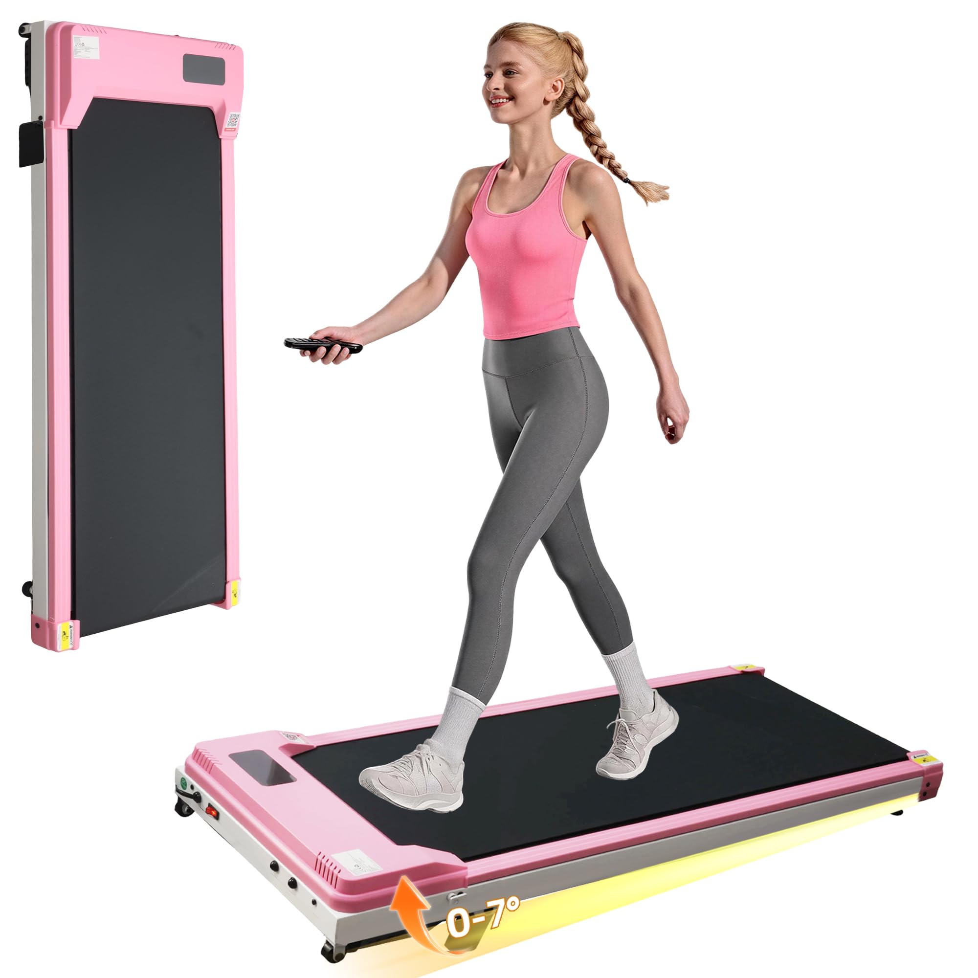 Walking Pad with Incline – Under Desk Treadmill for Home, Foldable Walking Treadmill 8km/h, Portable Running Machine with Bluetooth & APP, 120kg Capacity, 5-Layer Cushioning (Pink)