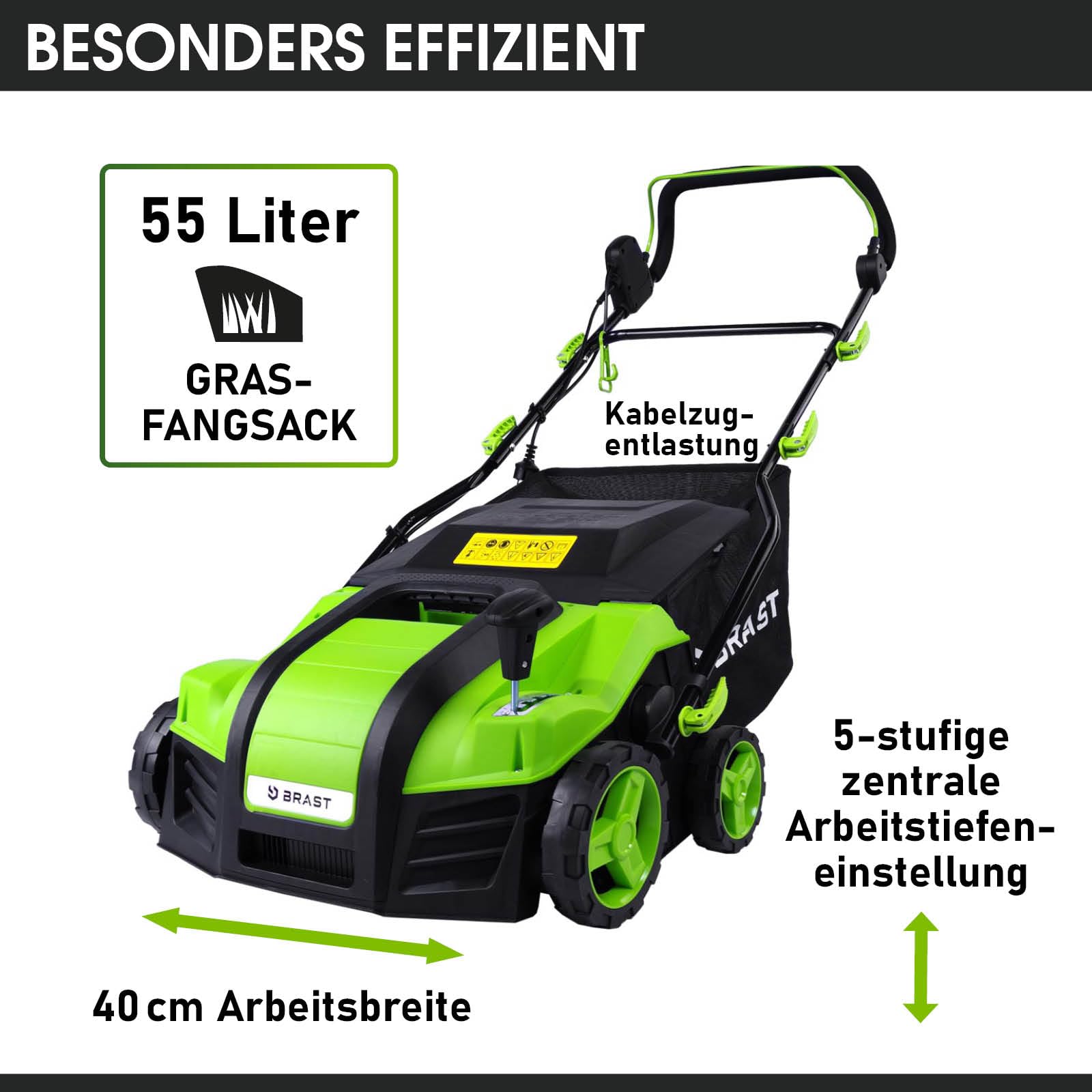 BRAST Vertikutierer Elektro Rasenlüfter | 1500-2000 Watt | 32-40cm Arbeitsbreite | 3 Modelle | großer Fangkorb Transportgriff & Klappbar | für kleine bis sehr große Rasenflächen | BRE-RV-4000