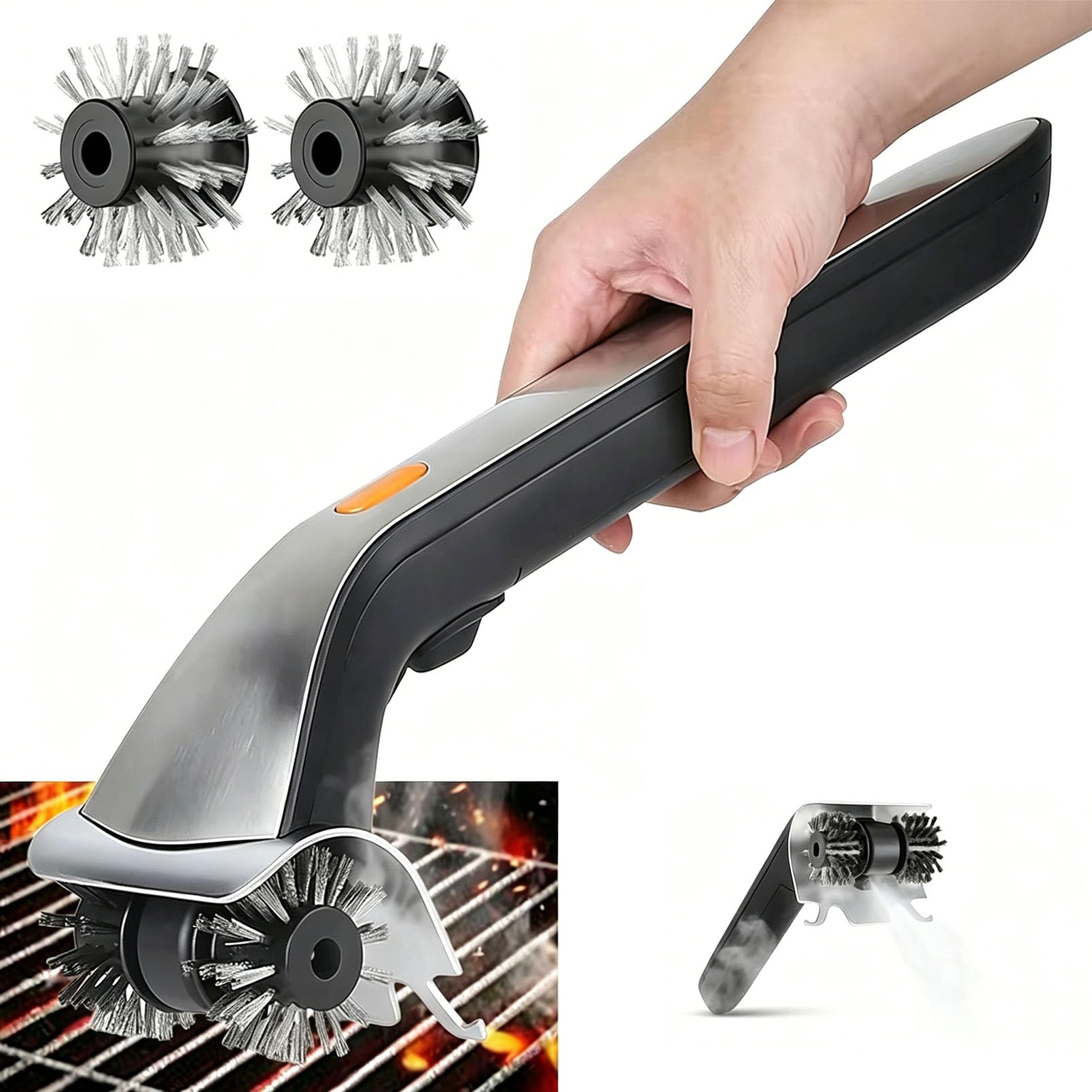 Spazzola elettrica a vapore per griglia con testina rotante in acciaio inox e raschietto per la pulizia del barbecue.