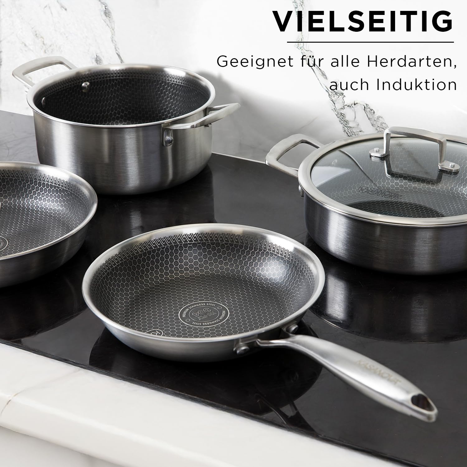KASANOVA Tri-ply Kochgeschirr-Set 7-teilig, dreilagiger Edelstahl, für Induktion und alle Herdarten geeignet, ofenfest bis 220 °C
