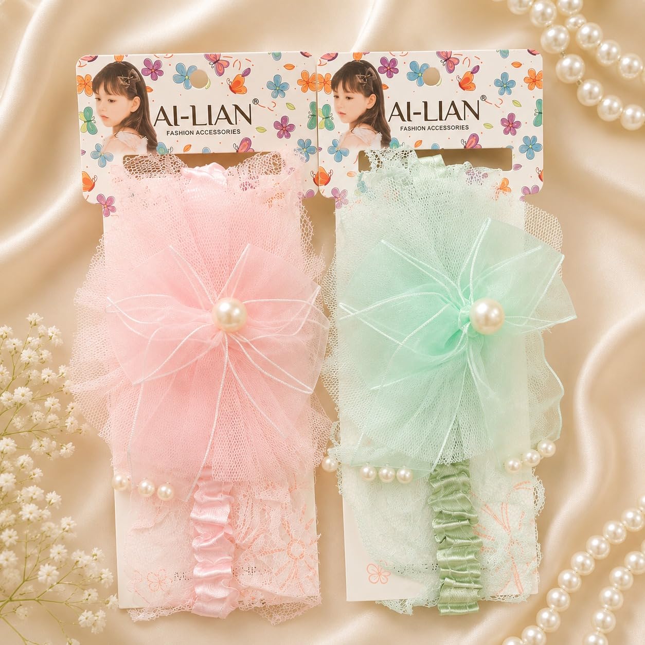 Khurana's Cosmetics 2 Pcs Baby Girls Lace Bow Headband with Pearl | Soft Elastic Nylon Hair Band for Infants, Toddlers & Kids | Handmade Floral Hair Accessory for Birthday, Party, Photoshoot & Daily Wear-image-40