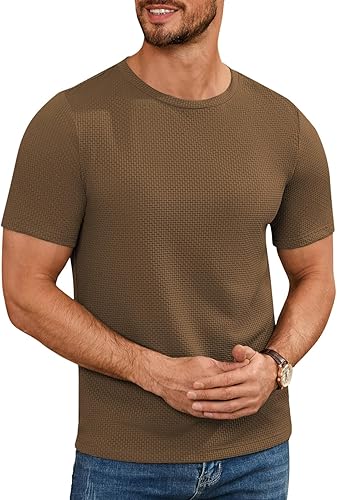 Mens Shirts Casual Stylish Short Sleeve Textured T-Shirts Crewneck Lightweight Fitted Tees Summer Solid Basic Tops - (color: Camel, size: Large)