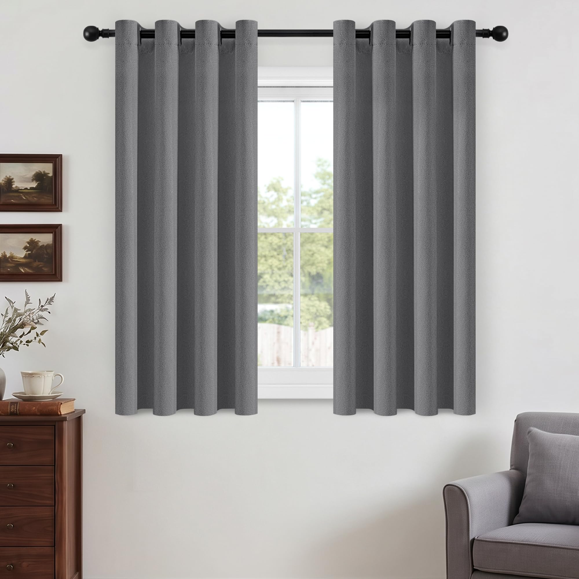 Grey Blackout Curtains for Bedroom 2 Panels 63 Inch Drop Curtains for Living Room Eyelet Thermal Sun Blocking Privacy Double-Sided Linen Curtains Black Out Curtains Window Treatments 52"W x 63"L