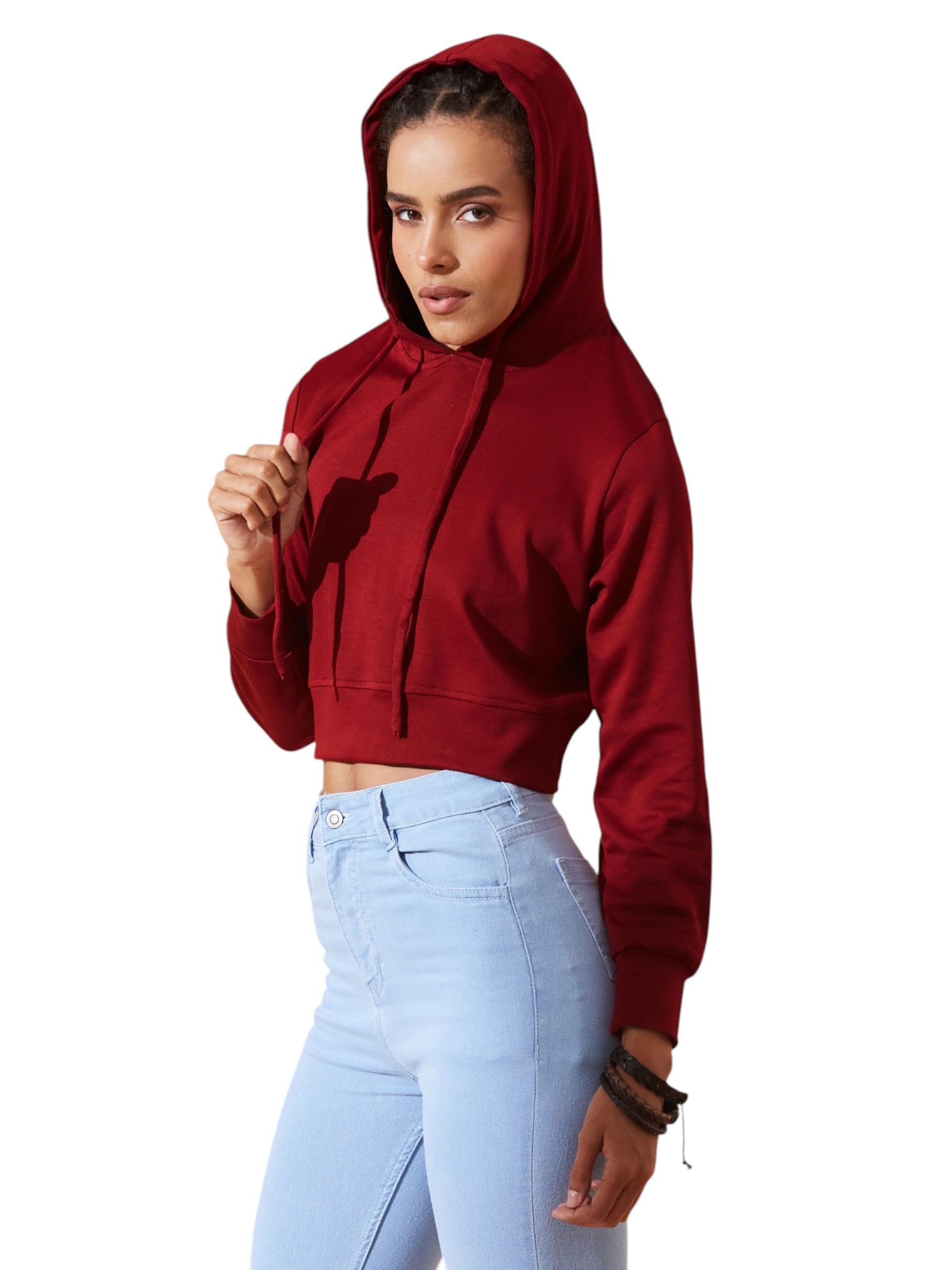 dolce crudo Women's Round Neck Full Sleeve Hooded Boxy Crop Sweatshirt-picture-12