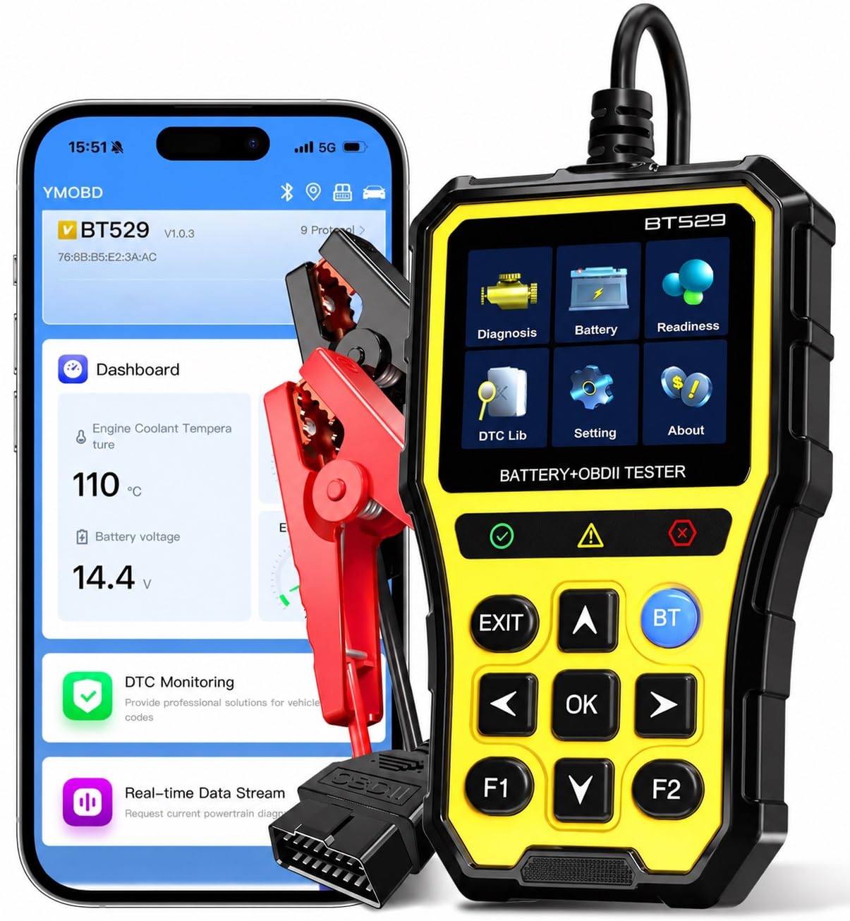 Dispositivo diagnostico OBD2 per tutti i veicoli, lettore auto con tutte le funzioni OBDII, tester batteria, monitoraggio e test di durata, strumenti diagnostici OBDII per veicoli a benzina e diesel