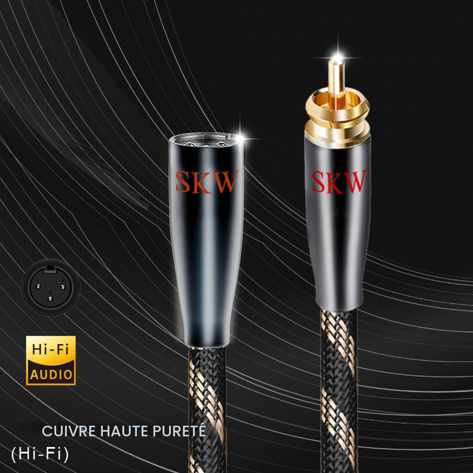 SKW Audiophile Câble en cuivre haute pureté RCA mâle vers XLR mâle, Haute Qualité, Tissage en nylon, OD:8.0mm- 1 mètre