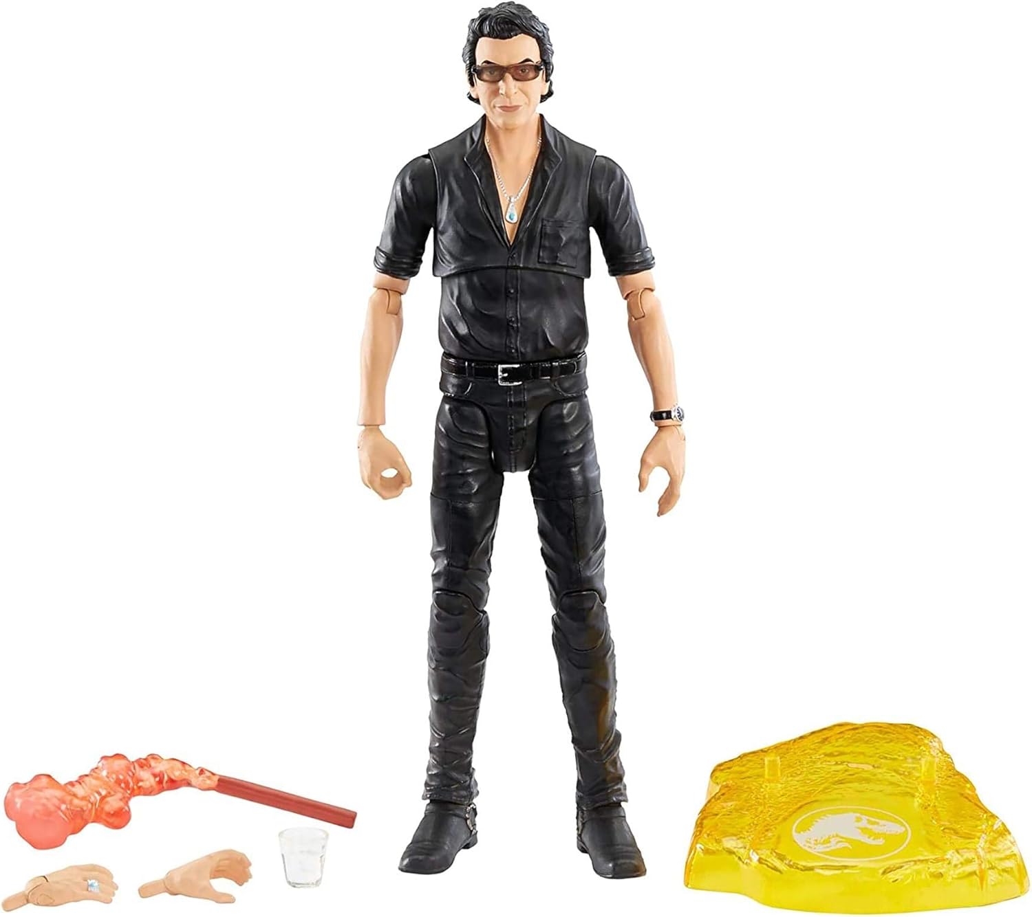 Mattel Jurassic World Amber Collection Dr. Ian Malcolm 6.5-inch Collectible Action Figure with Display Stand, Extra Pair of Swappable Hands, Flare and Water Cup Accessories; For Ages 4 and Up