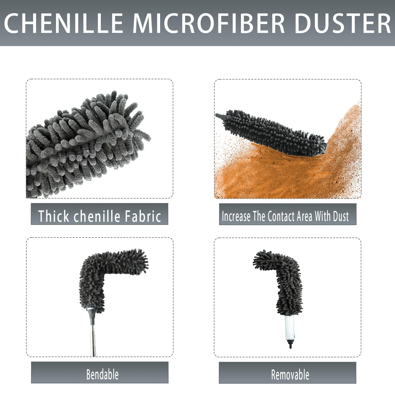 Plumero de mango largo de 100 pulgadas con poste de extensión, kit de limpiador de ventilador de techo flexible con 3 cabezales de plumero, plumero lavable para limpiar ventiladores de techo, muebles