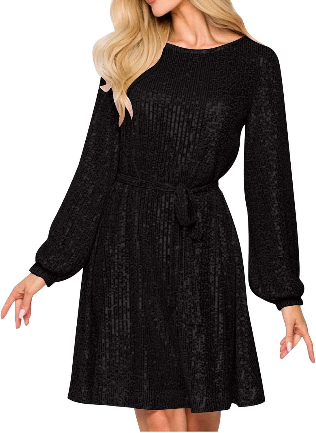 HGps8w Women's Lantern Sleeve Sparkly Evening Dresses Elegant Belted Waist A-Line Shiny Sequins Cocktail Party Mini Dress