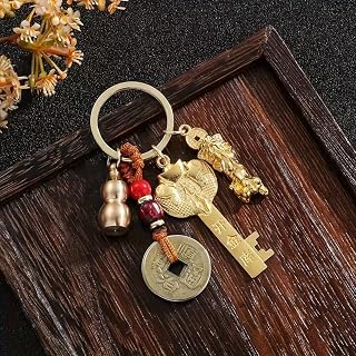 1 Pack Chinese Lucky Keychain, Gold Tone Feng Shui Charm, Metal Key Ring Ornament for Backpack Purse Car Keys Bag Decor Small Gift