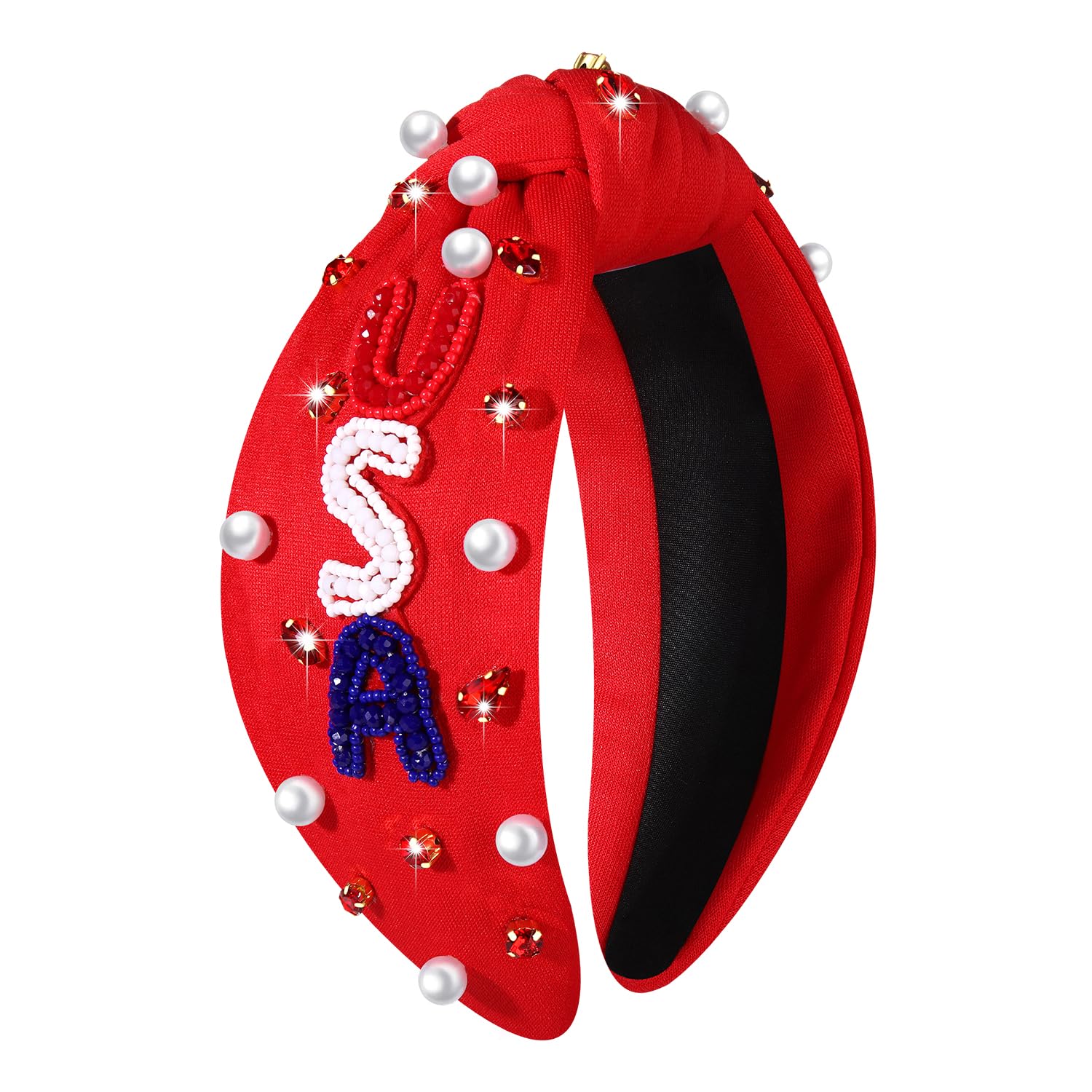 CEALXHENY 4th of July Headbands for Women, 4th of July Accessories, American Flag Patriotic Headbands, Rhinestone Pearl Knotted Hairbands Beads