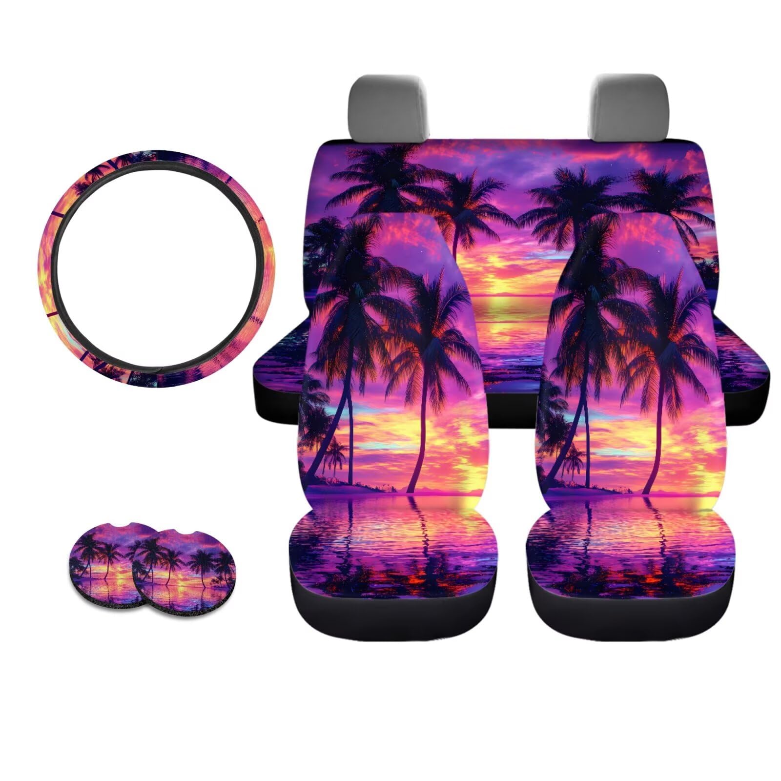Bulopur Set completo di coprisedili per auto con palme tropicali, 7 pezzi, coprivolante, antiscivolo, elastici, coprivolante, tostapane, accessori per interni da donna e ragazza