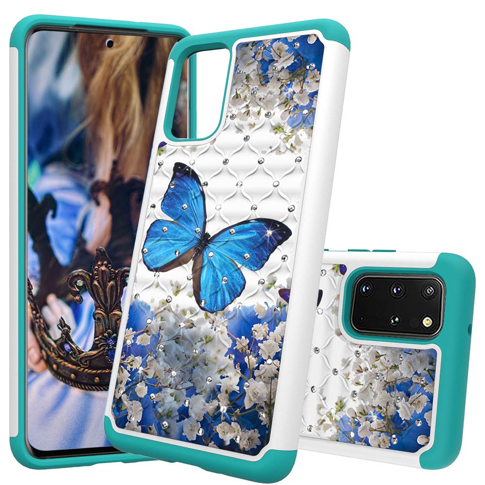 EMAXELERR Galaxy S20 Case Soft TPU Silicone Slim Hard PC 2 in 1 Hybrid Dual Layer Heavy Duty Slim Glitter Shockproof Protective Case Cover for Samsung Galaxy S20 Diamond Blue Butterfly YBZ.