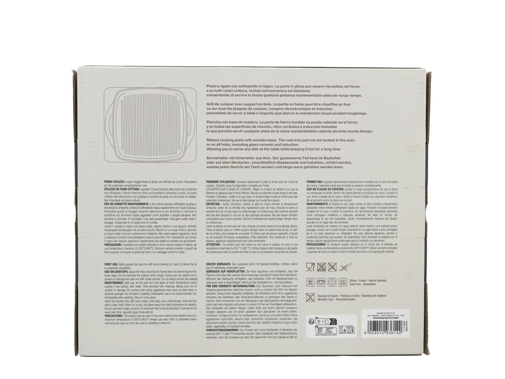 H&H Piastra da Portata in Ghisa Rigata 27 cm con Sottopiatto in Legno Chiaro, Riscaldabile in Forno, Compatibile con Induzione, Vetroceramica e Tutti i Piani Cottura