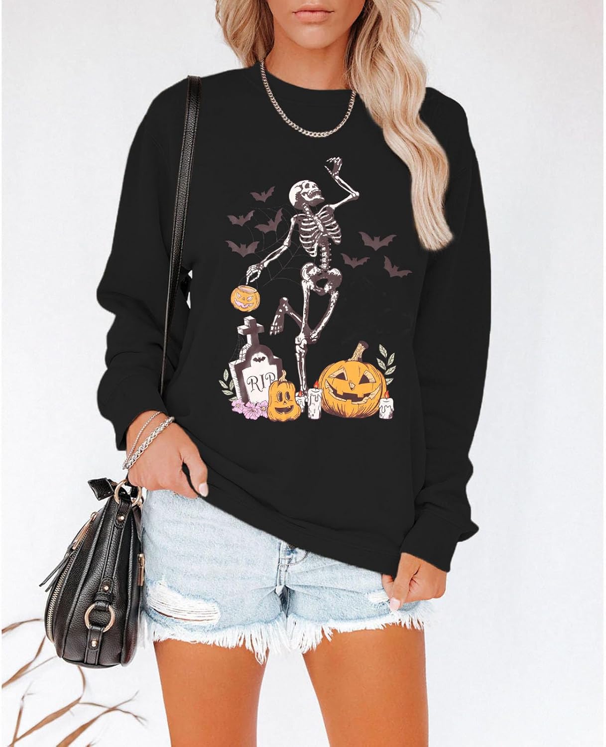 Womens Halloween Sweatshirts Dancing Skeleton Shirts Spooky Season Pumpkin Printed Pullover Oversized Tees Tops - Image 3