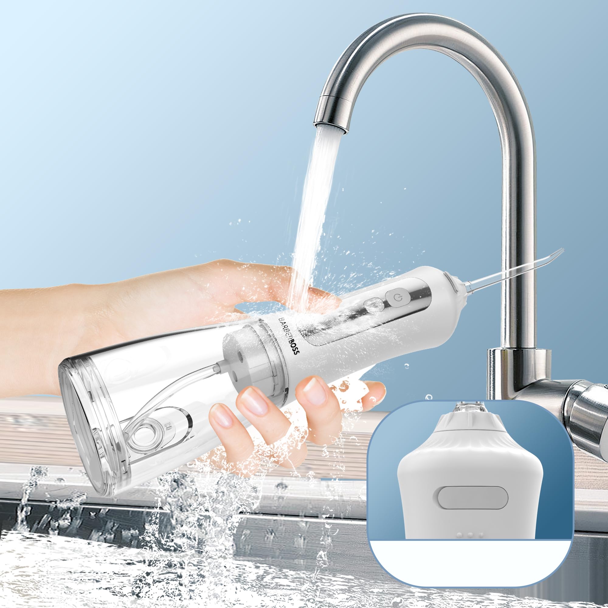 BarberBoss Irrigador bucal recargable para dientes y encías, 5 modos de limpieza, 5 boquillas de chorro, depósito de 300 ml, USB inalámbrico, resistente al agua IPX7 y boquilla de 360°
