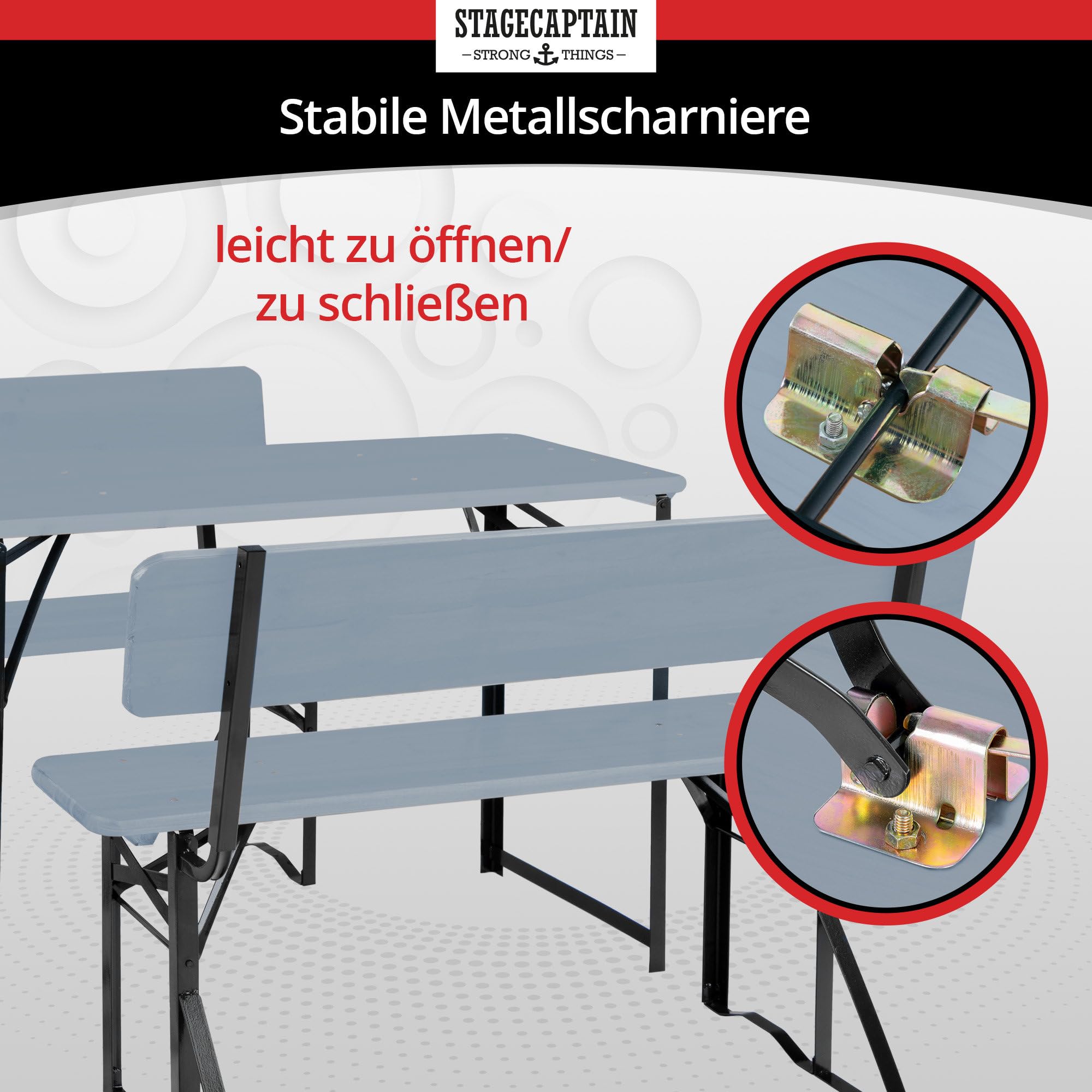 Stagecaptain BBDL-119 GY Hirschgarten Bierzeltgarnitur mit Lehne für Balkon 2X Set- Kurze Version mit 119 cm Länge - 2X Tisch, 4X Bank - Holz - klappbar - Natur