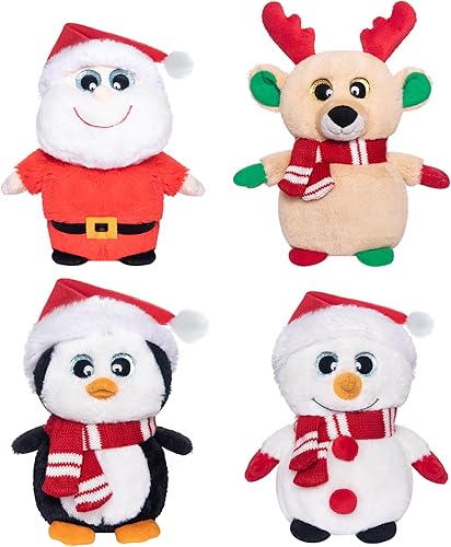 My OLi Muñecos de peluche de Navidad de 7 pulgadas, diseño de Papá Noel, pingüino, muñeco de nieve, reno, sentado, paquete de 4 adornos para niños