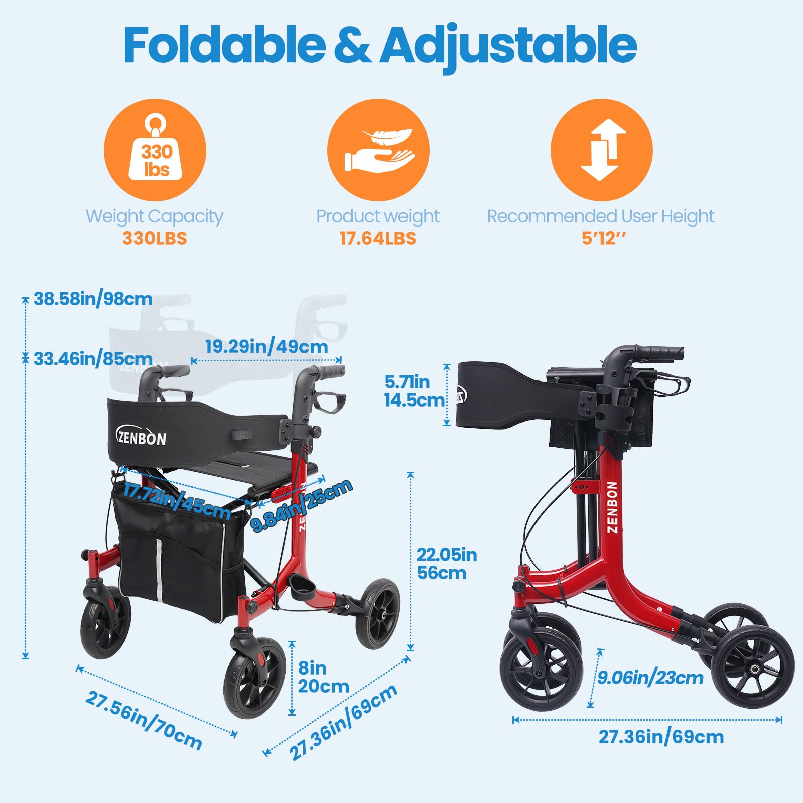 Andador para Ancianos Plegable: Andador Estrecho con Asiento para el Hogar Andador para Personas Mayores - Andador de viaje Aluminio con asa de Altura Ajustable para Aire Libre (Rojo)