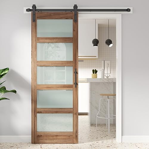 Miniatura 9 de Puerta de granero de vidrio FREDBECK de 42 x 84 pulgadas con kit de herrajes para puerta de granero de 7 pies y manija incluida, vidrio esmerilado