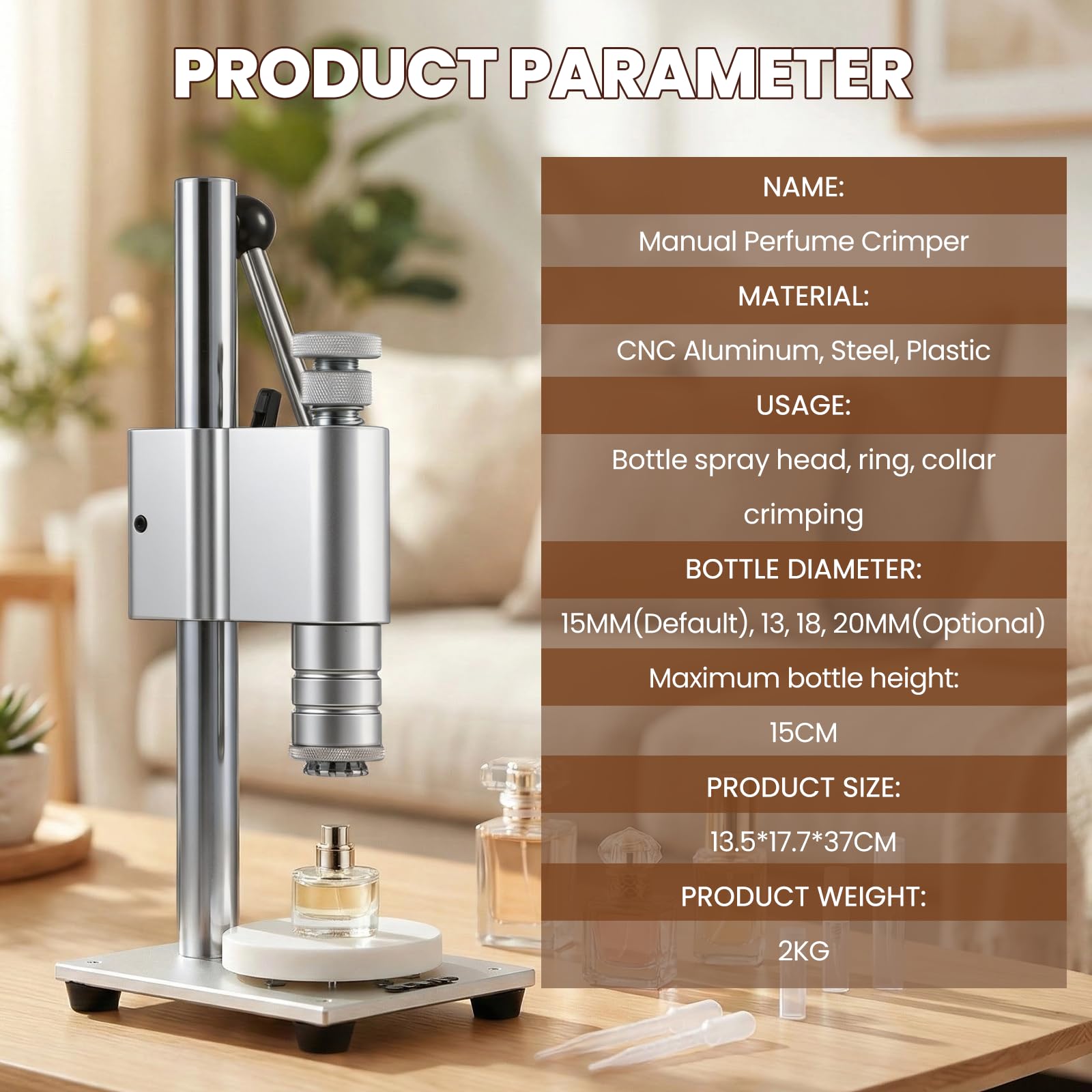NEWTRY Herramienta manual para tapar frascos de perfume, engarzadora para frascos pulverizadores, Crimpadora para pulverizadores de 15 mm y anillos de collar, cuerpo de aleación de aluminio