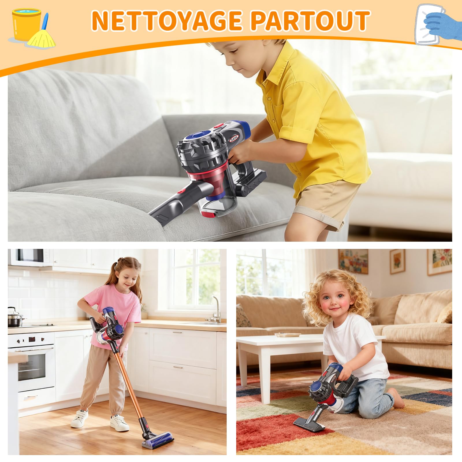 Aspirateur Électrique Jouet, 3-en-1Aspirateur Enfant Fonctionnel, Kit Menage Enfant Vrai Aspirateur, Jouet Éducatif pour Cadeau pour Garçons et Filles de 3 à 6 Ans