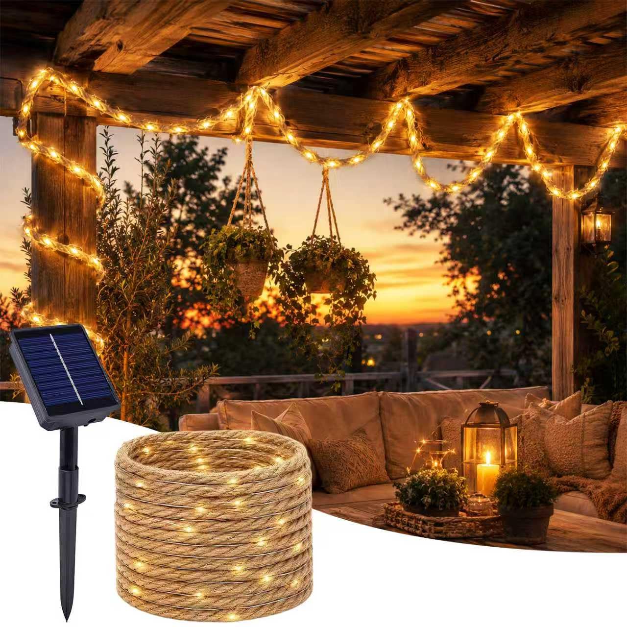 Solar Lichterkette Seil,5M Solar Hanfseil Lichterkett 100 LED(5M100LED)