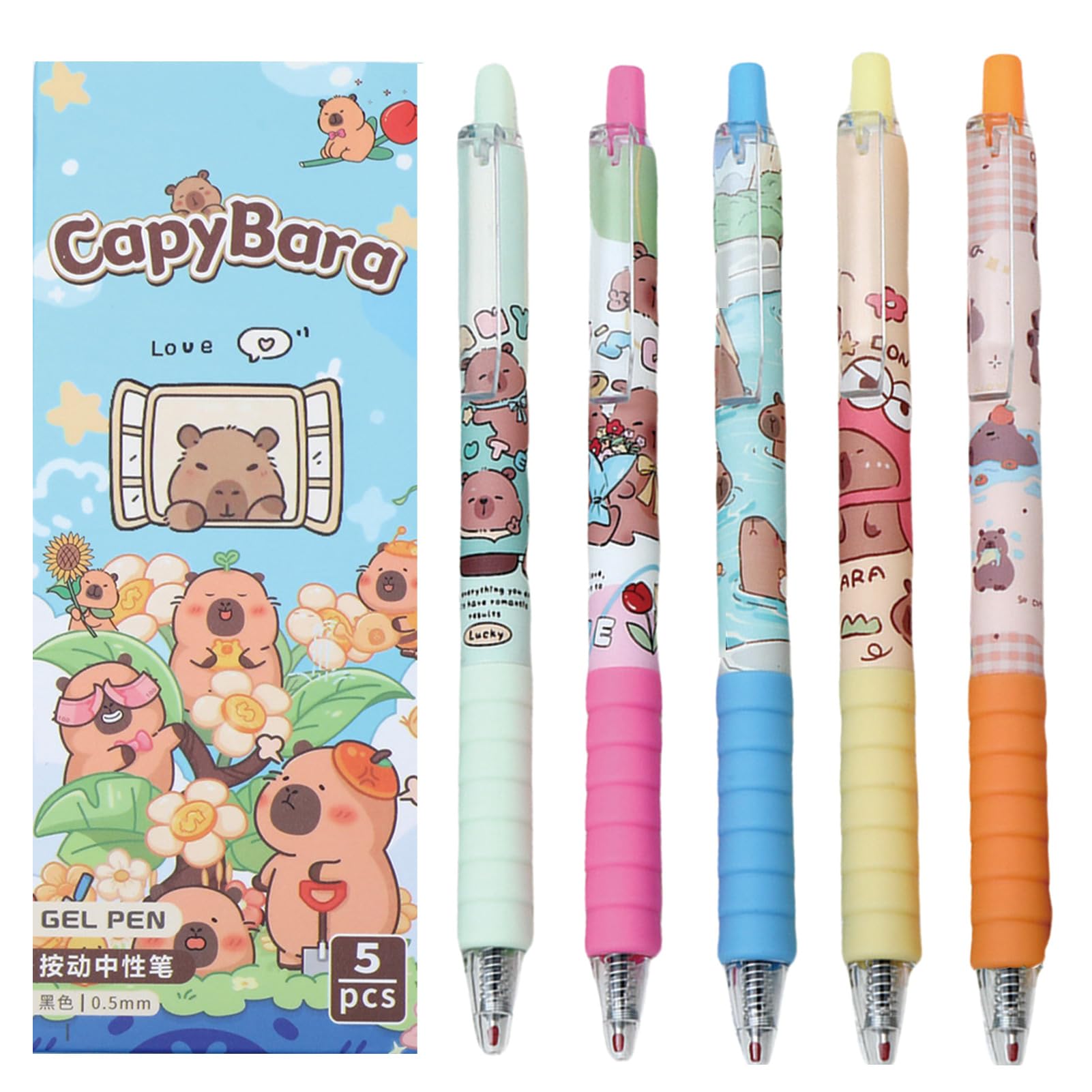 MOZXIRZ 5 Pcs Capyabra Gel Pens Cute Retractable Pens 0.5mm Black Ink Soft Grip Writing Pen Kawaii Cartoon Pen for Girls Boys Women Men Office School