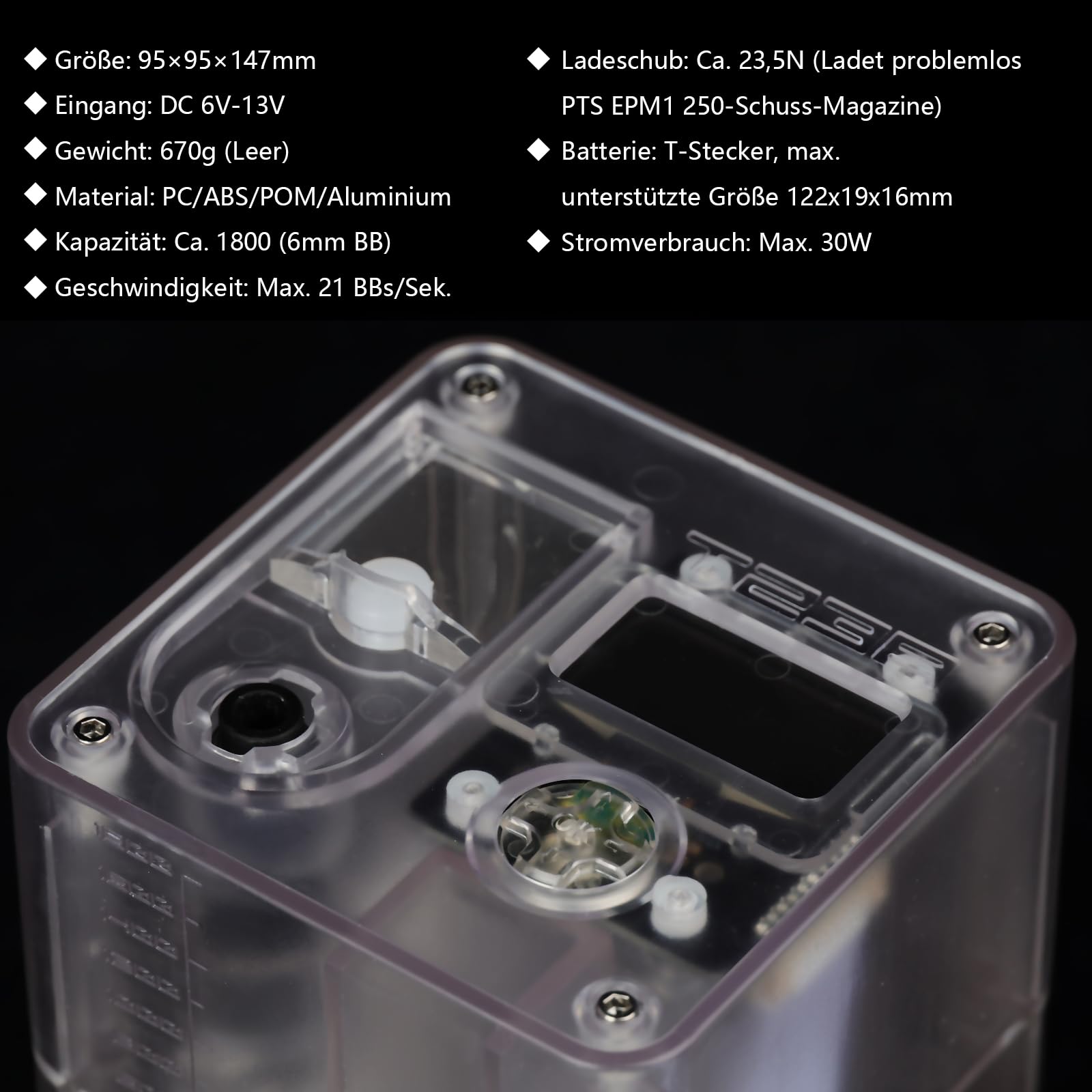Elektrischer BB-Speedloader PRO Edition – Smarter automatischer Airsoft-Magazinlader, 21 BBS/s Hochgeschwindigkeit, OLED-Display, 1800 Schuss Kapazität, Blockierschutz inkl. 4 Adapter