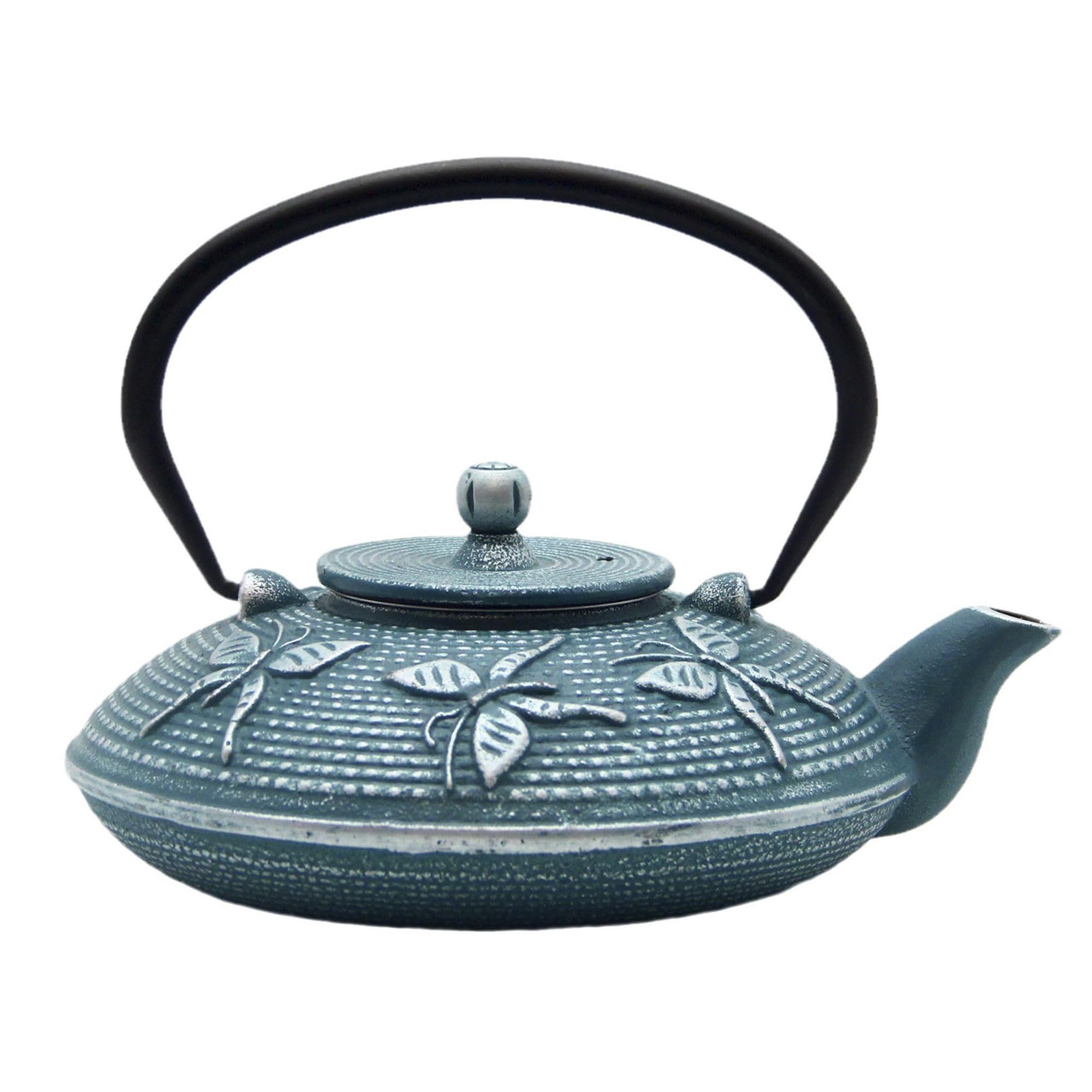 Tetera de hierro fundido, tetera SECHUDO recubierta con interior esmaltado para té suelto, tetera de hierro fundido con infusor de acero inoxidable para estufa segura (27 onzas, patrón 2)