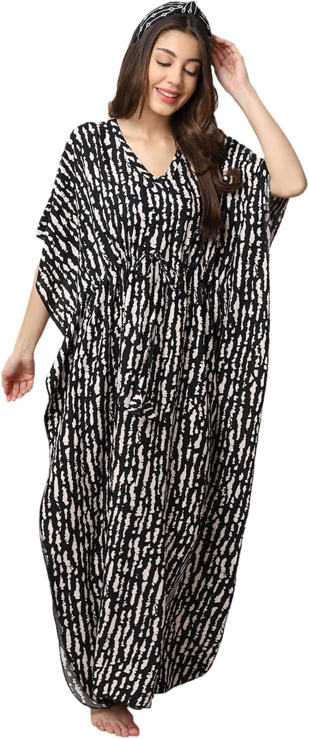Claura Black Printed Maxi Nightdress for Women Kaftan Nighty Rayon Free Size/Kaftan