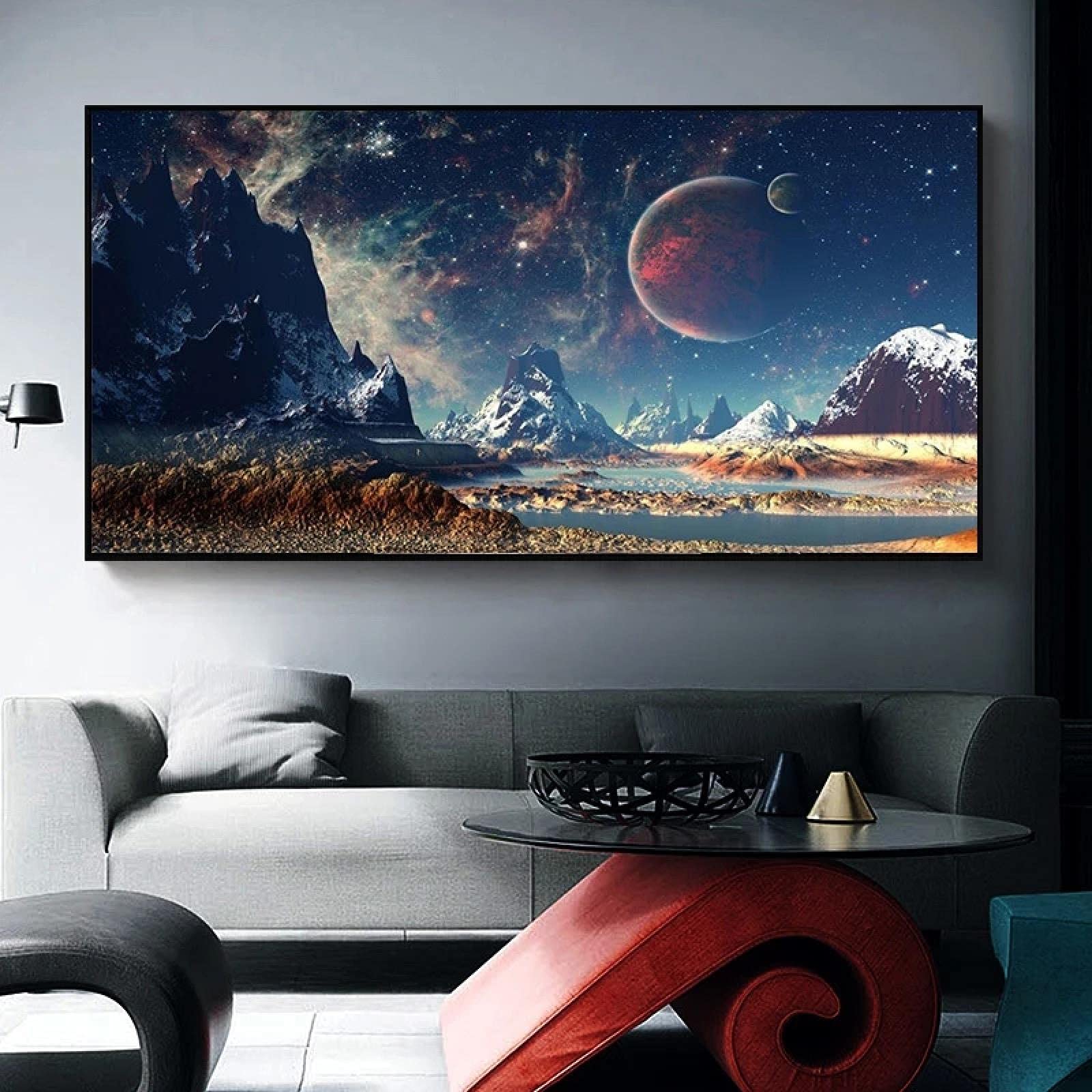 Yooyu Carteles del espacio y la montaña Universo Exoplaneta Galaxy Pinturas en lienzo Paisaje Arte de la pared Imagen Decoración para el hogar Mural 50x115cm (19.7x45.3in) Marco interno