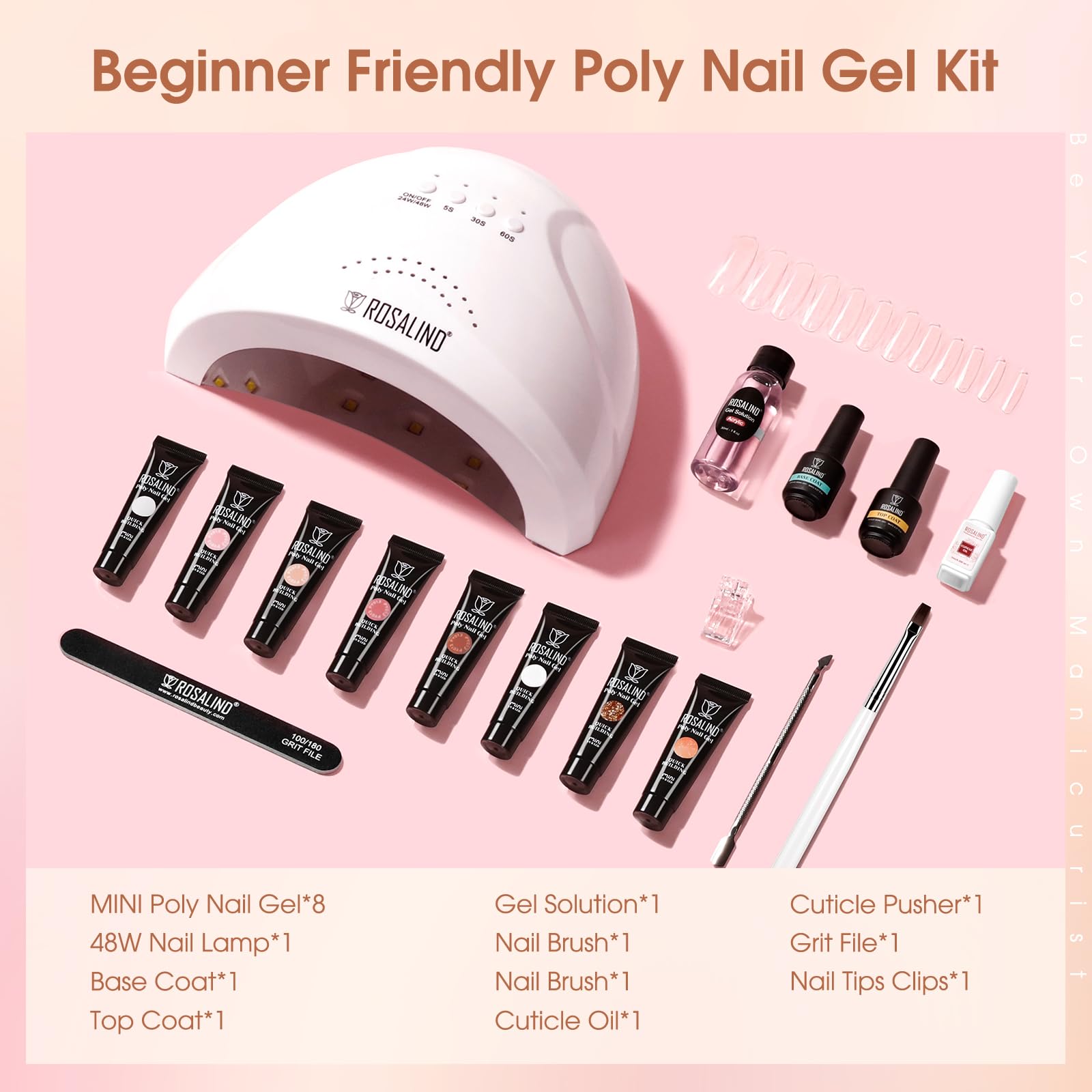 ROSALIND Poly Extension d'ongles en Gel Complet Kit, 8 Couleurs 10ml Poly Nail Gel Kit Avec 48W UV Lampe et Base&Top Coat, Nail Art DIY Kit Ongle Gel Complet pour Débutant, Professionnel et Salon