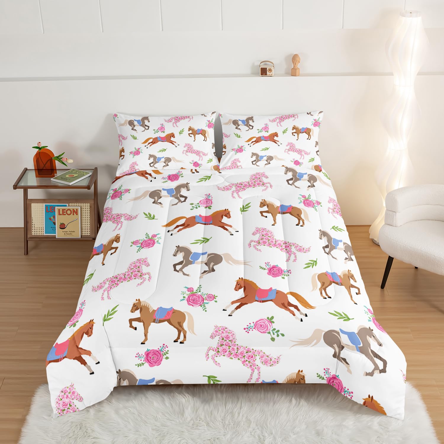 HOSIMA Juego de edredón Kawaii de caballo rosa rosa, ropa de cama de caballo lindo animal para niñas y adolescentes, decoración estética de habitación, juego de ropa de cama de princesa para niños