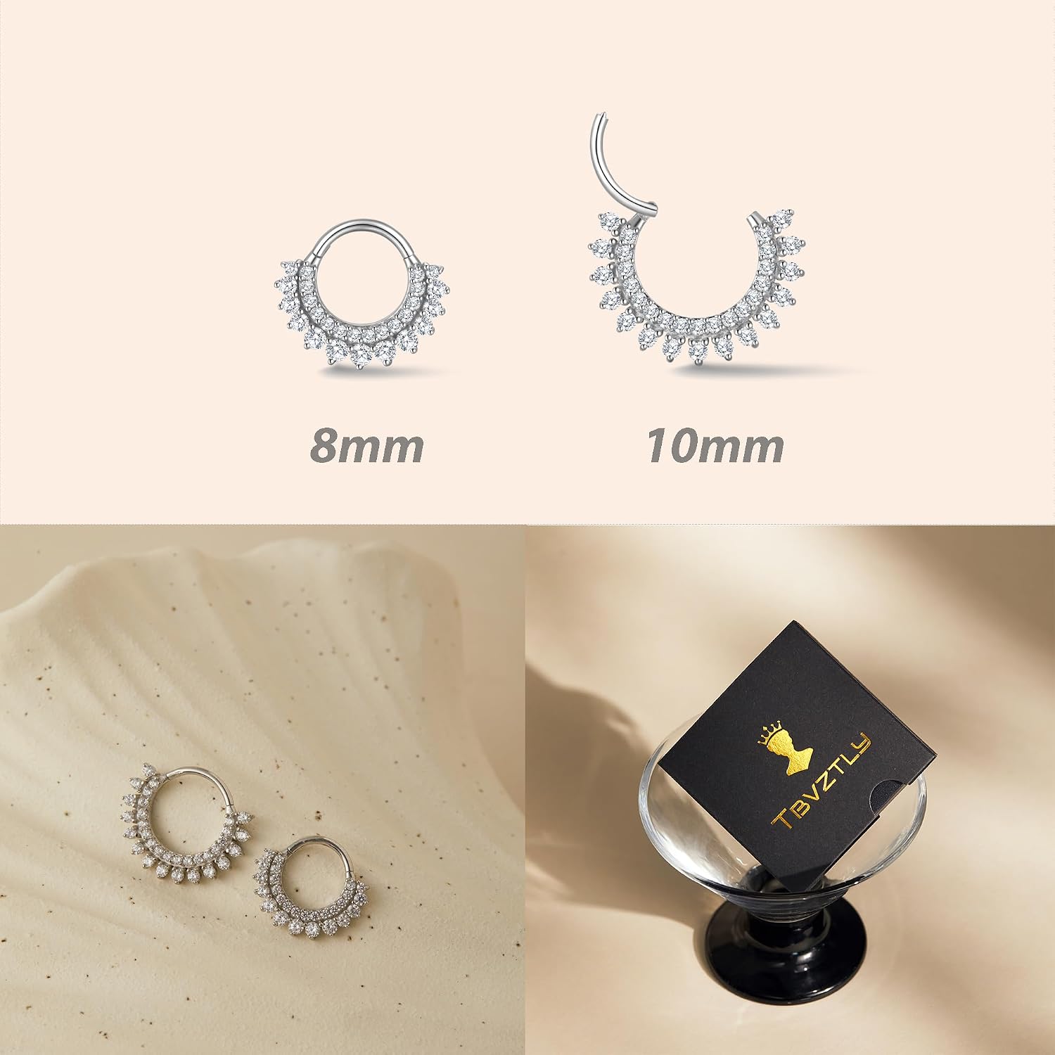 16G 8mm 10mm Daith Piercing Jewelry Surgical Steel,14k Gold Plated Septum Ring Clicker Cartilage Earrings for Women Hypoallergenic Cubic Zirconia Daith Jewelry Nickel Free Helix Conch Hoop